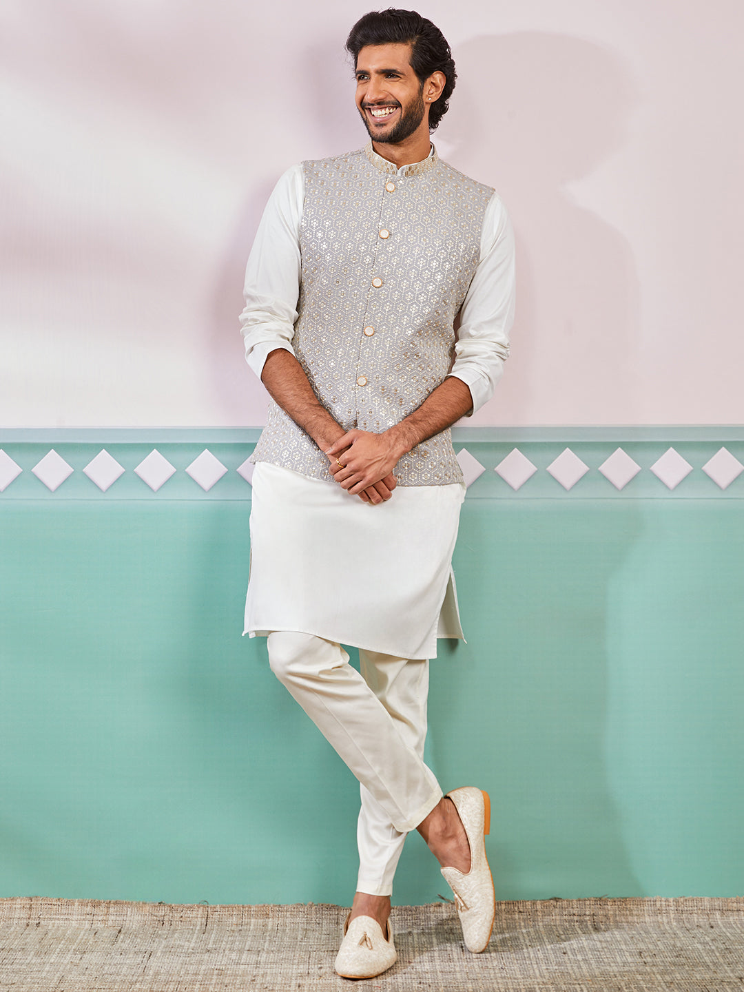 Men's Grey Fine Satin Nehru Jacket, Kurta And Pyjama Set.