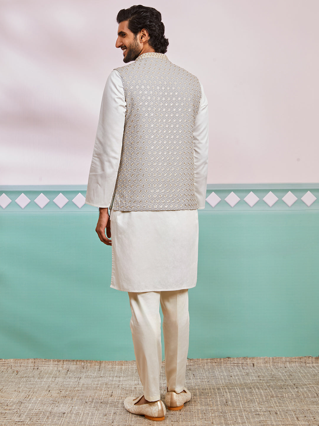 Men's Grey Fine Satin Nehru Jacket, Kurta And Pyjama Set.