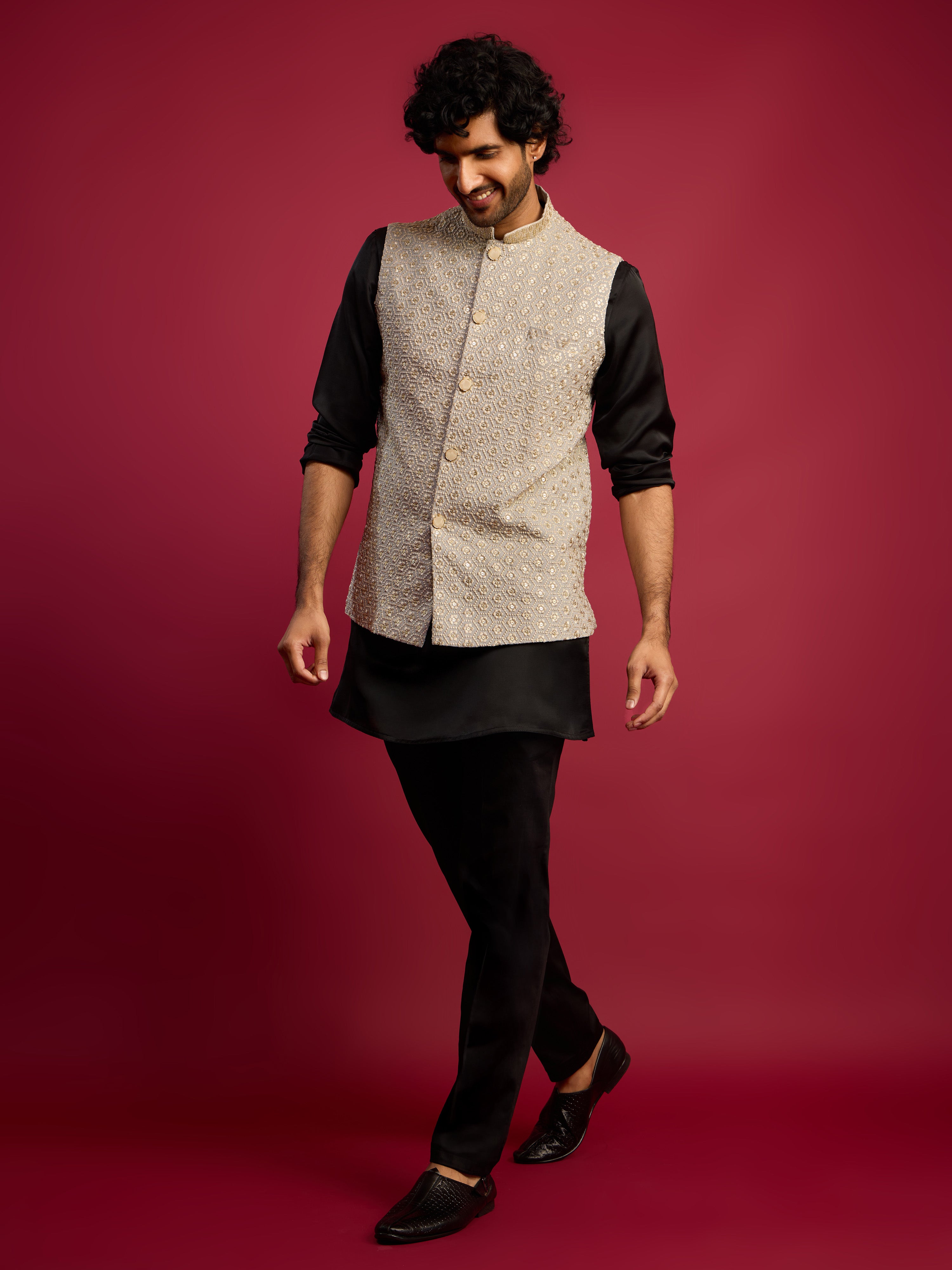Men's Grey Sequin & Thread Embroidered Nehru Jacket with Black Satin Kurta & Pants Set