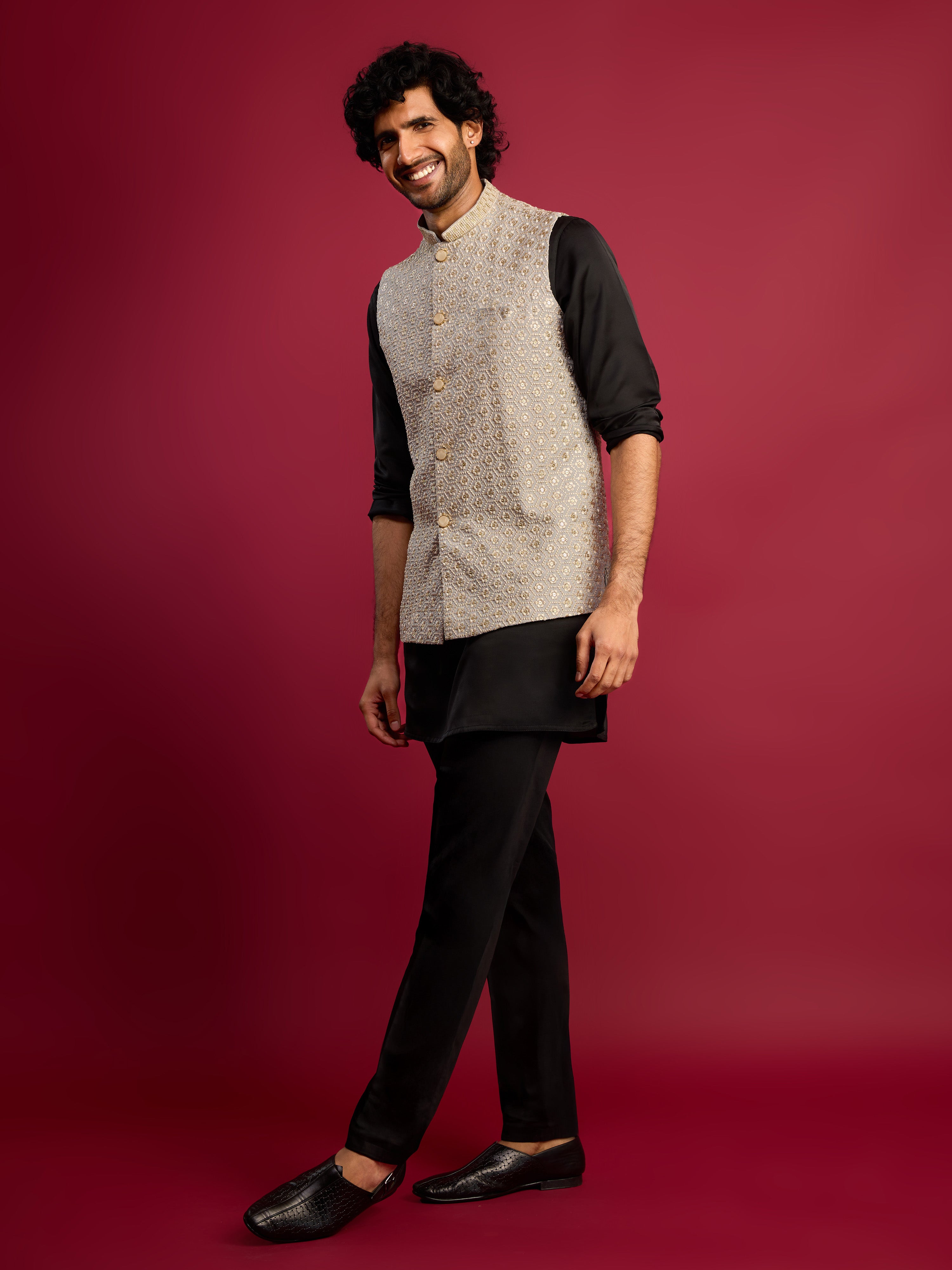 Men's Grey Sequin & Thread Embroidered Nehru Jacket with Black Satin Kurta & Pants Set