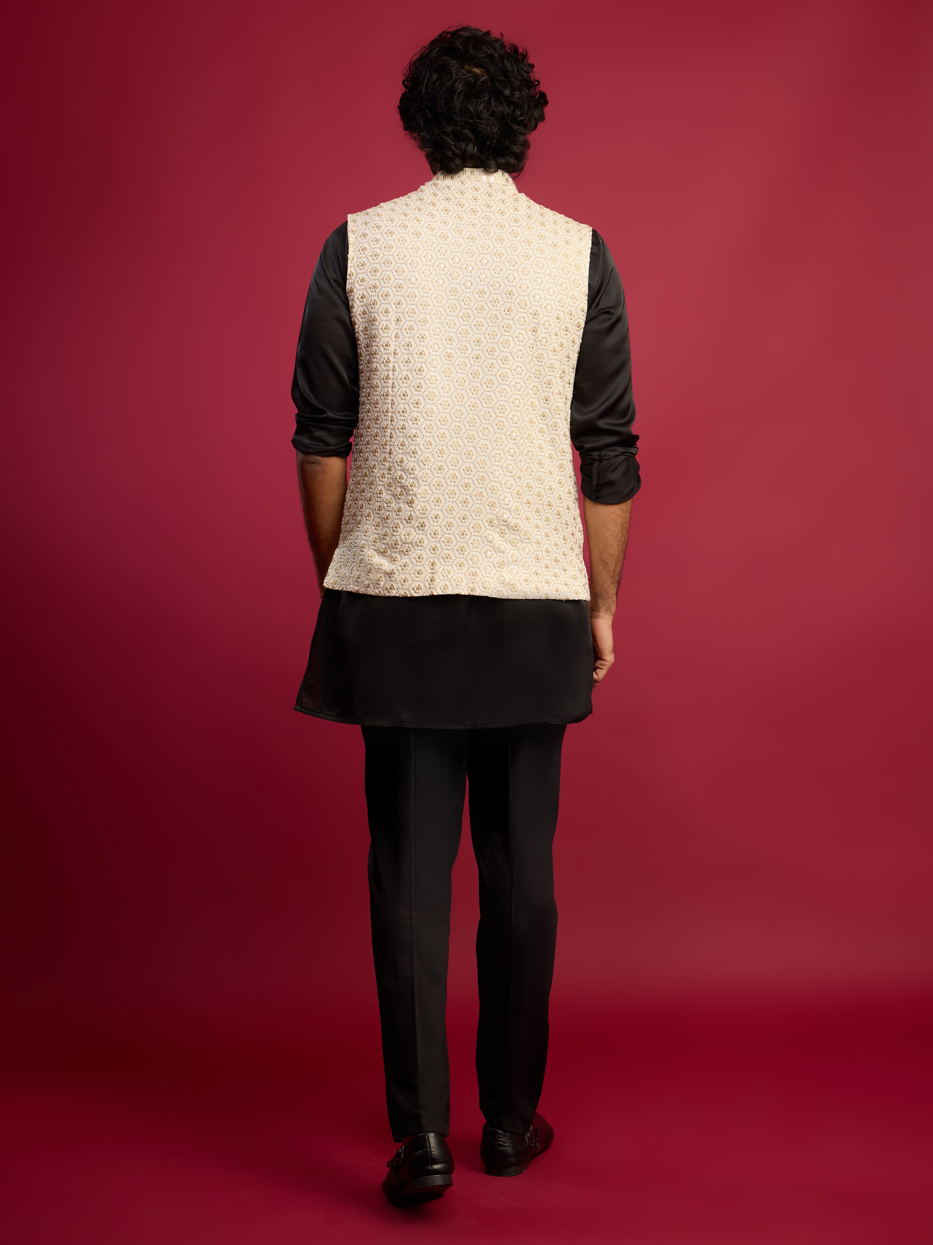 Men's Off-White Sequin Embroidered Nehru Jacket with Black Satin Kurta & Pants Set