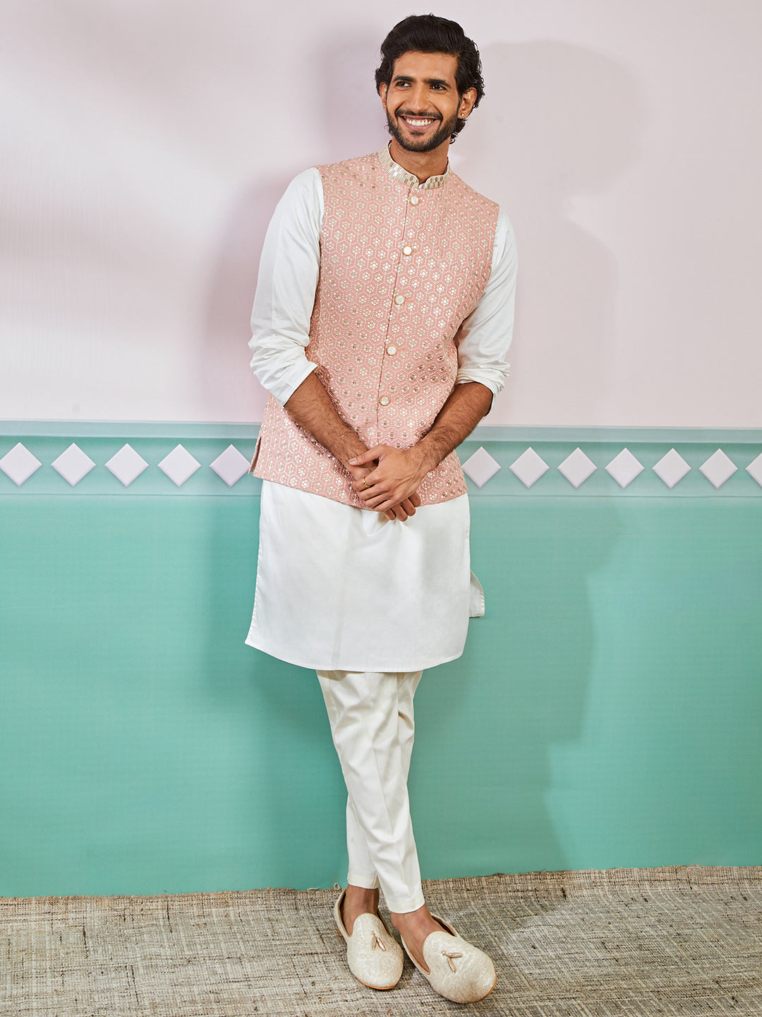 Men's Peach Fine Satin Nehru Jacket, Kurta And Pyjama Set.