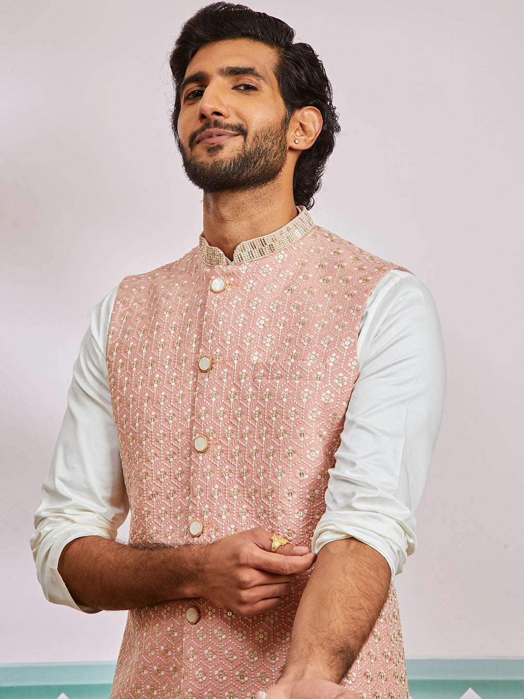 Men's Peach Fine Satin Nehru Jacket, Kurta And Pyjama Set.