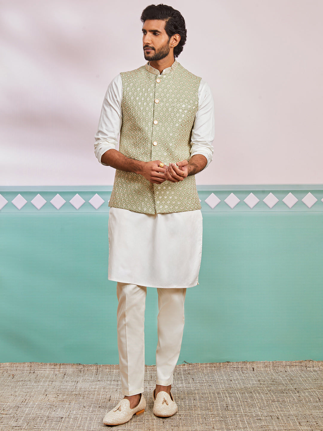 Men’s Cream Kurta Pyjama Set with Pista Green Embroidered Nehru Jacket