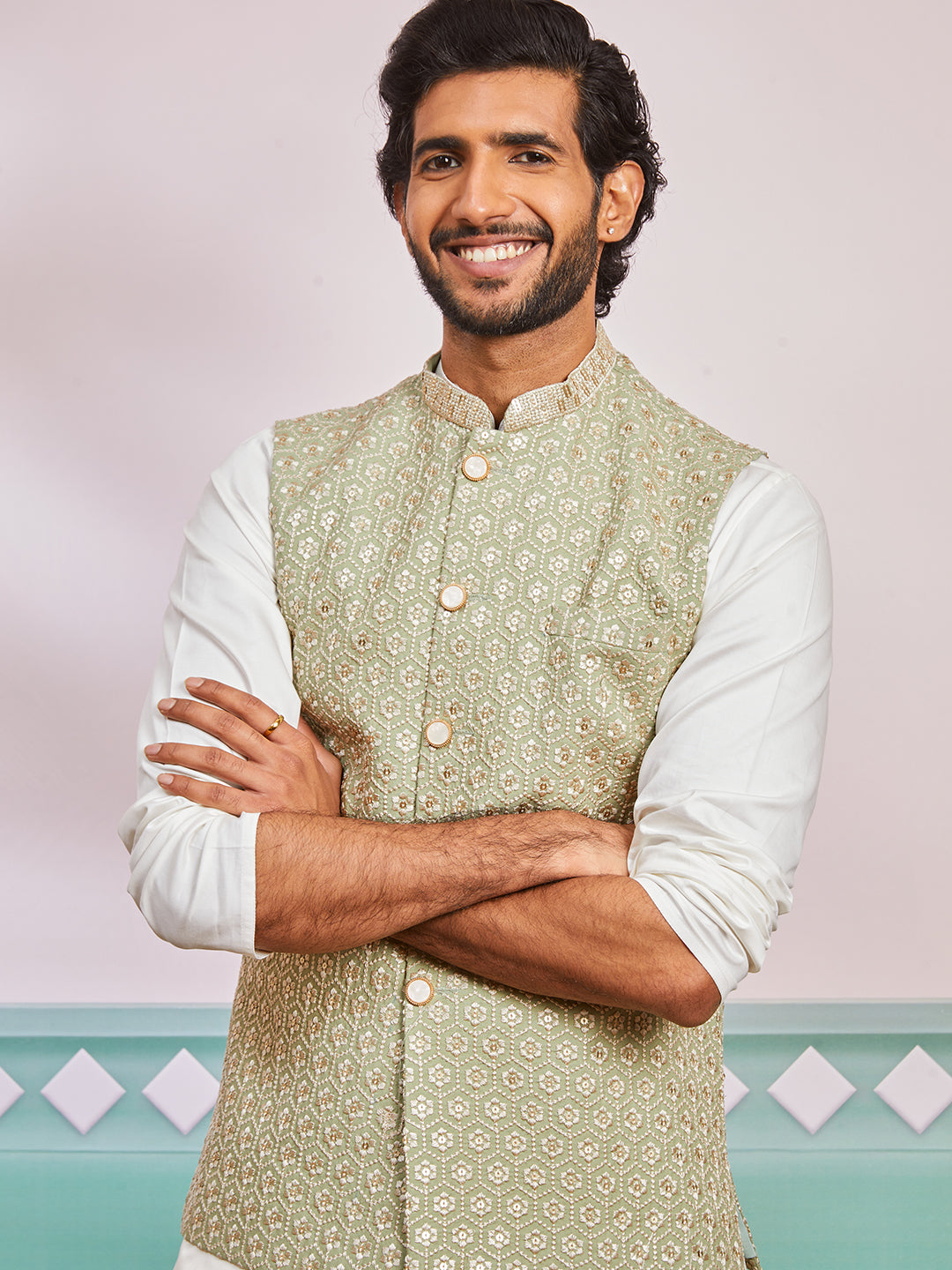 Men’s Cream Kurta Pyjama Set with Pista Green Embroidered Nehru Jacket