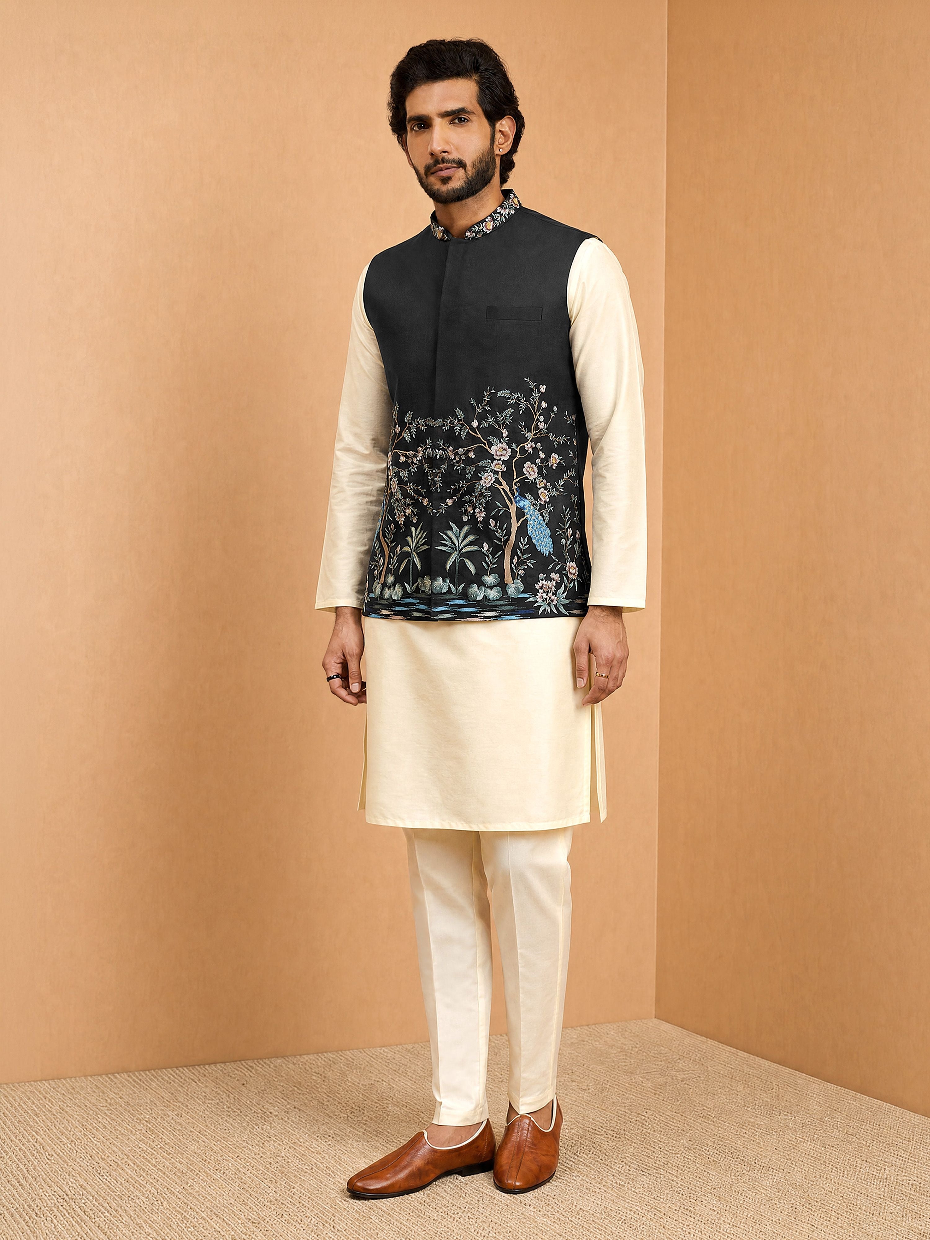 Men's Cream Viscose Embroidered Knee Length Nehru Jacket and Kurta with Pant