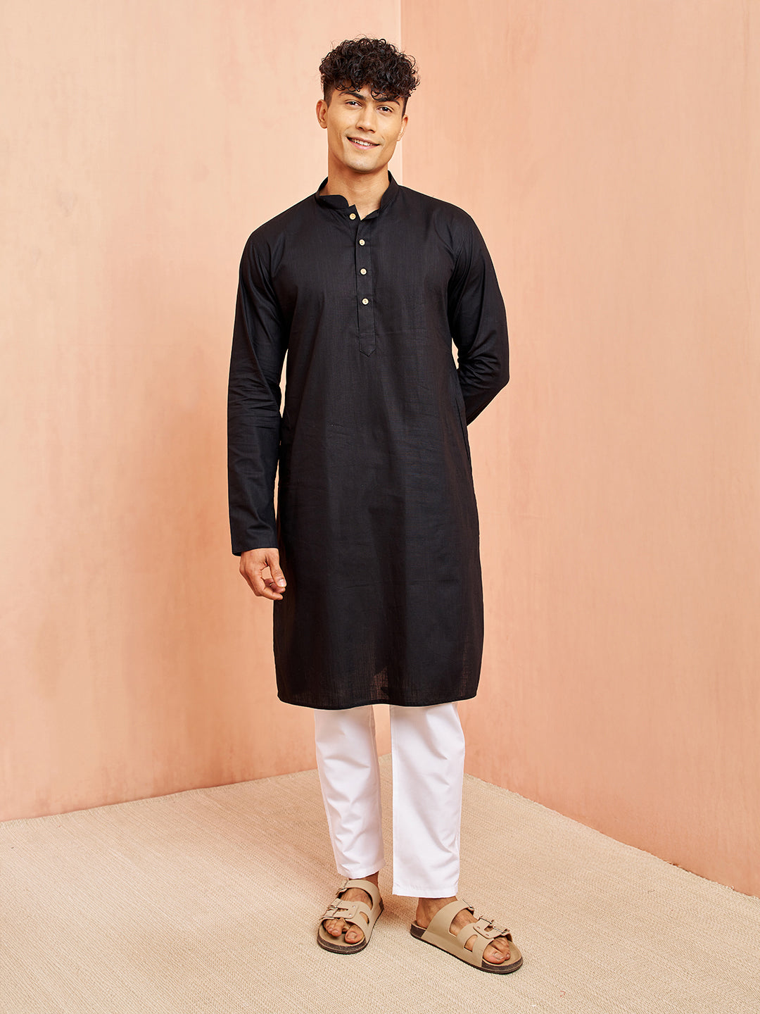 Men's Cream Block Print Nehru Jacket Black Kurta White Pyjama Set