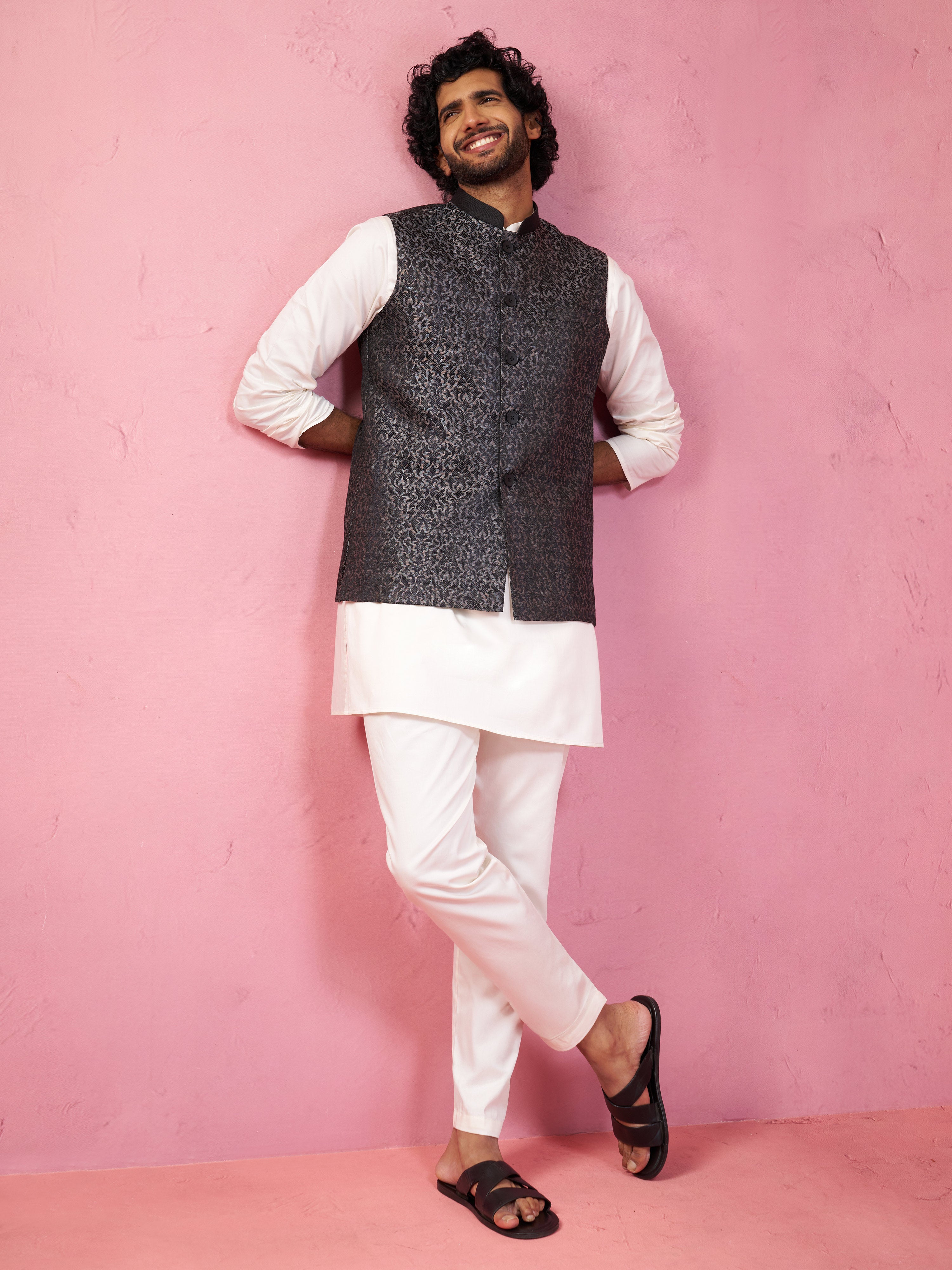Men's Grey Jacquard Nehru Jacket with Cream Kurta Pyjama