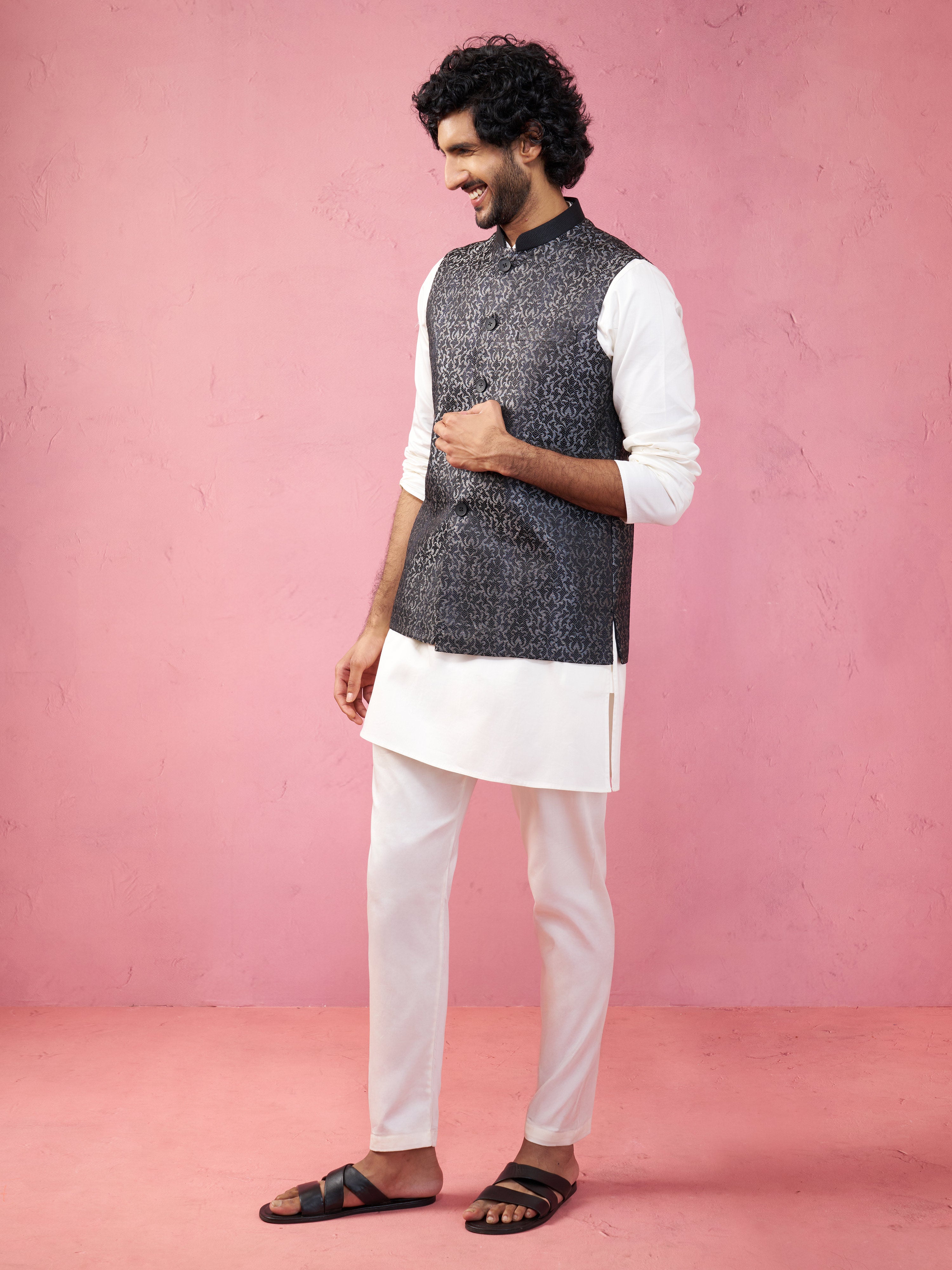 Men's Grey Jacquard Nehru Jacket with Cream Kurta Pyjama