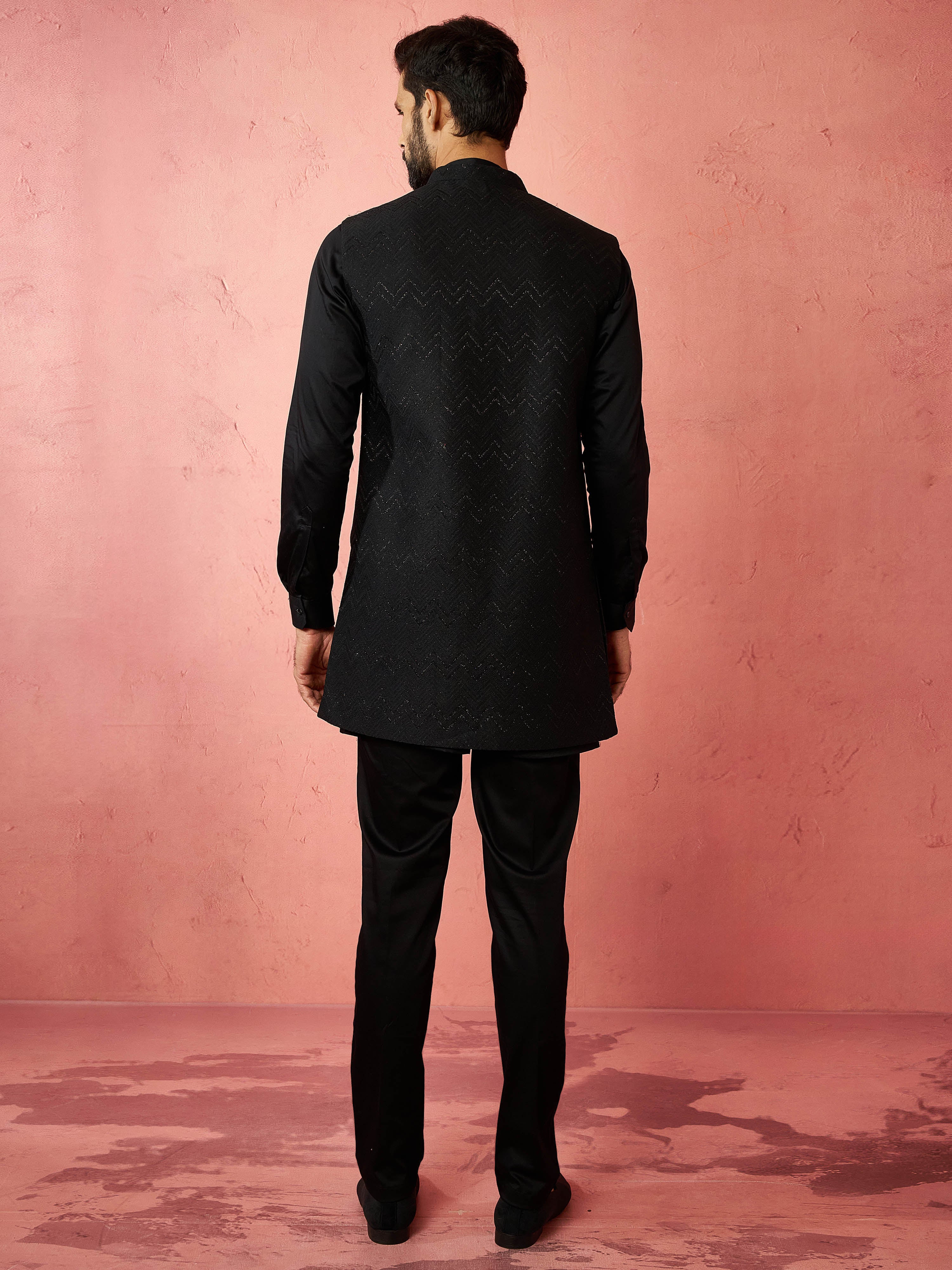 Men's Black Jacquard Nehru Jacket with Satin Kurta 3-Piece Wedding Set