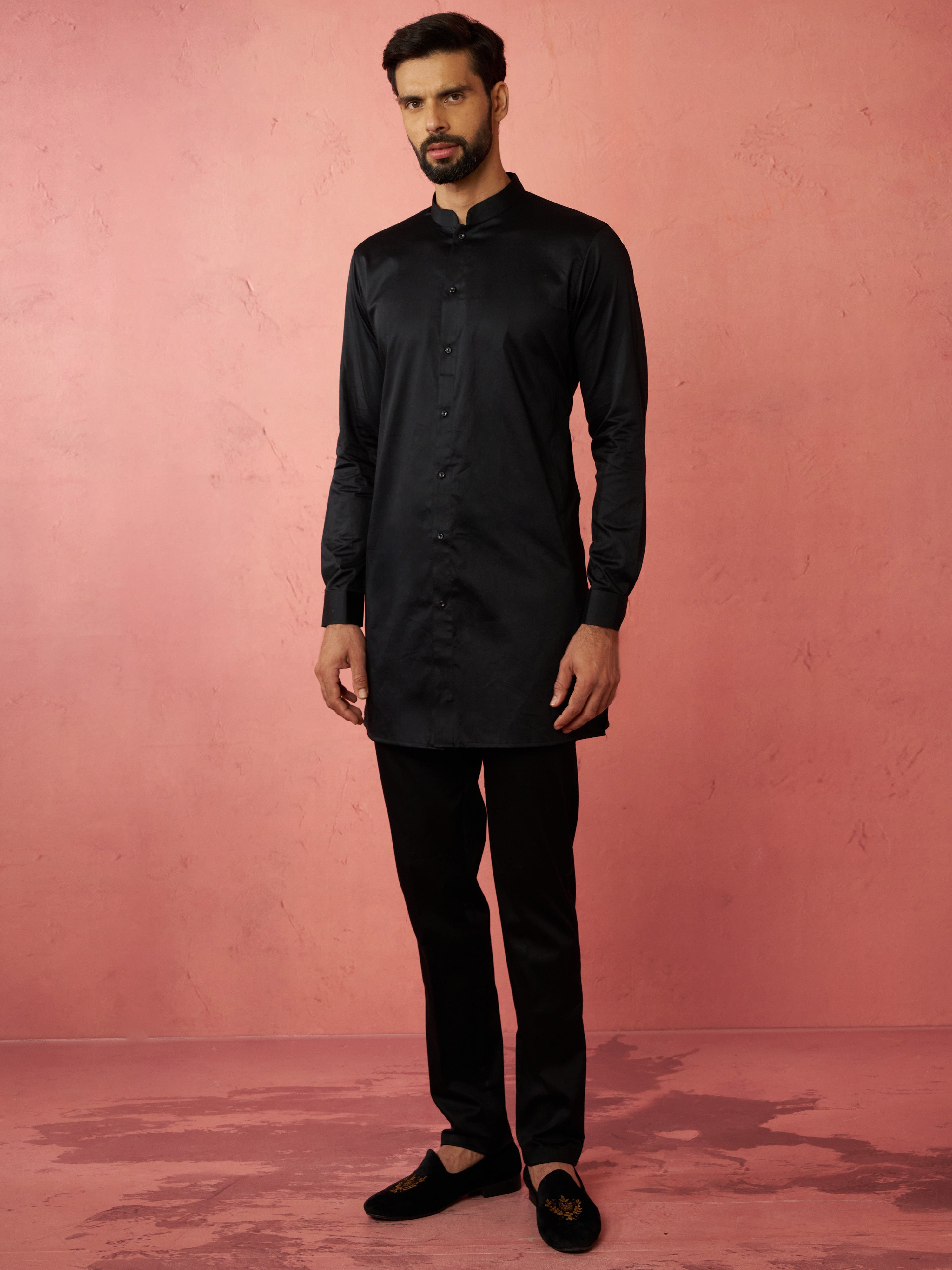 Men's Black Jacquard Nehru Jacket with Satin Kurta 3-Piece Wedding Set