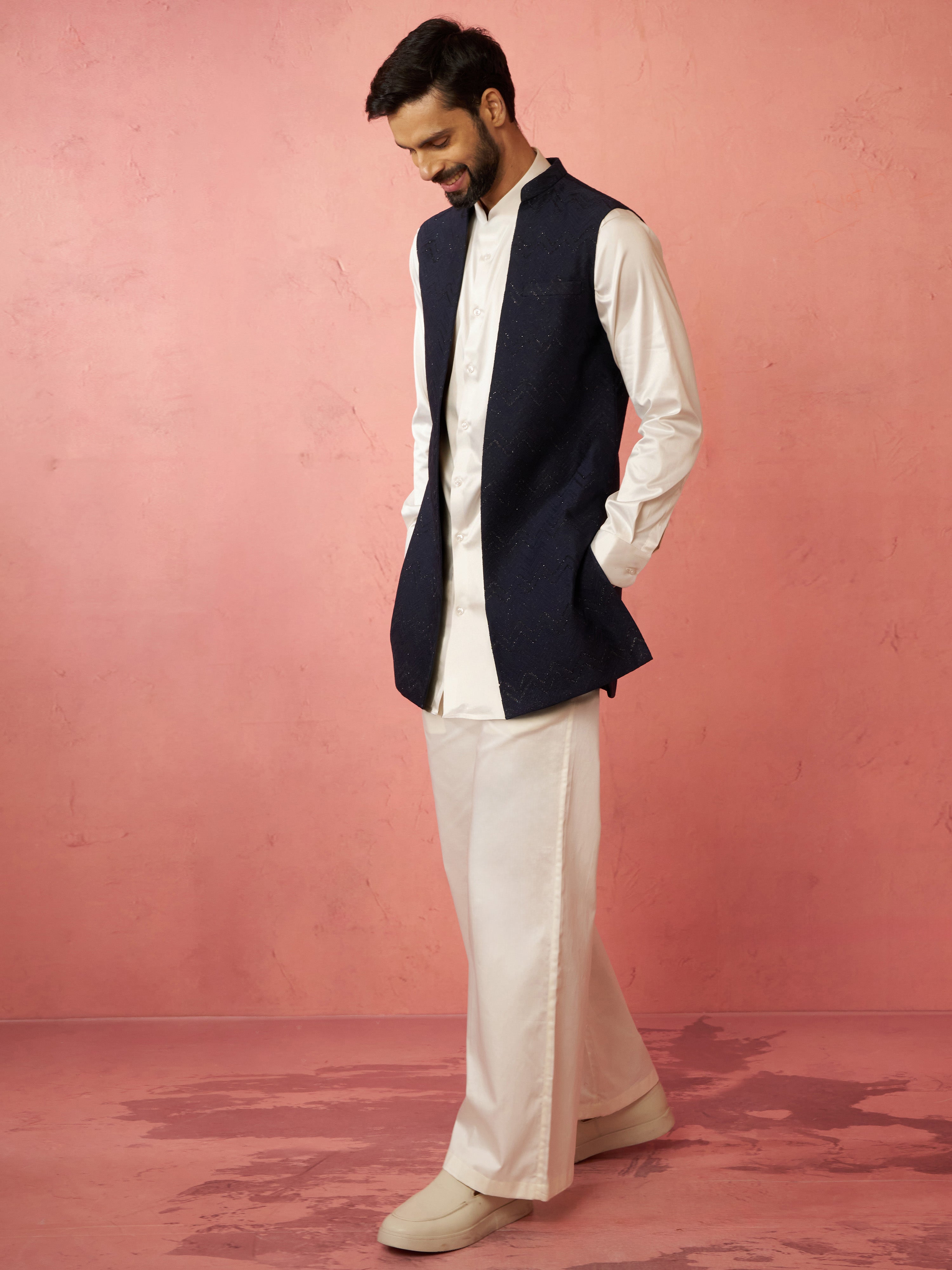 Men's Navy Blue Nehru Jacket with Cream Kurta Trouser