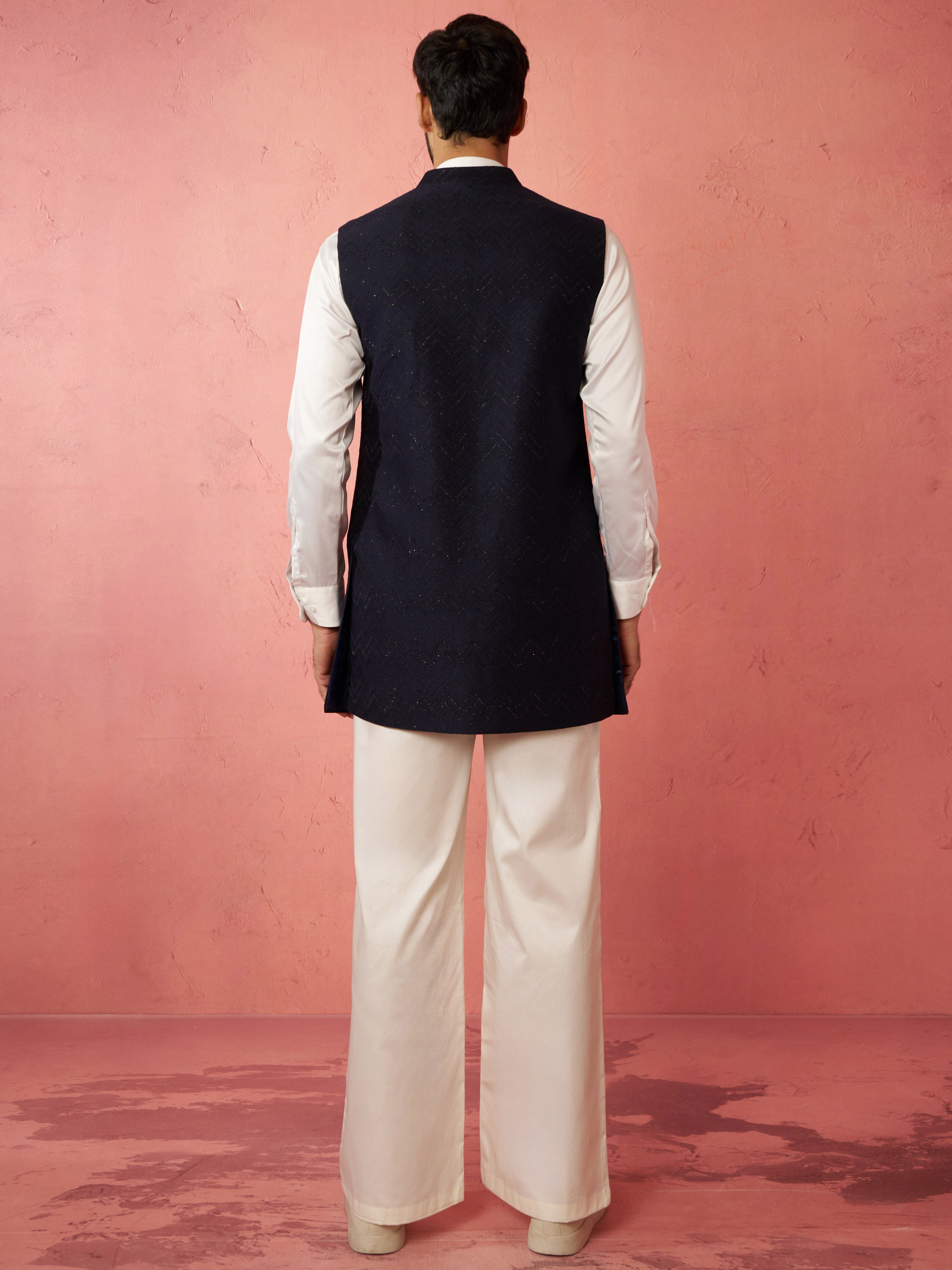 Men's Navy Blue Nehru Jacket with Cream Kurta Trouser
