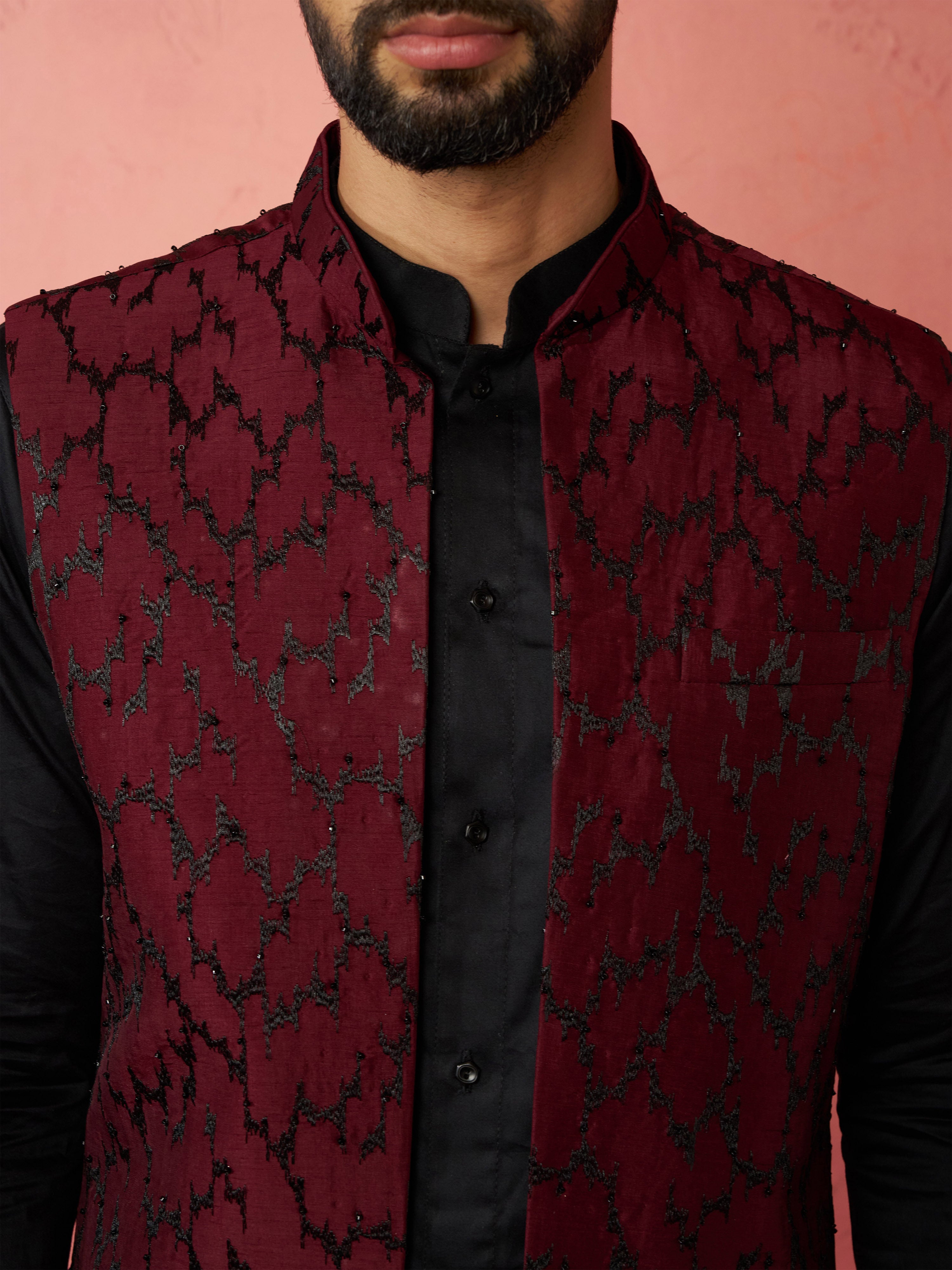 Men's Wine Silky Abstract Embroidered Nehru Jacket