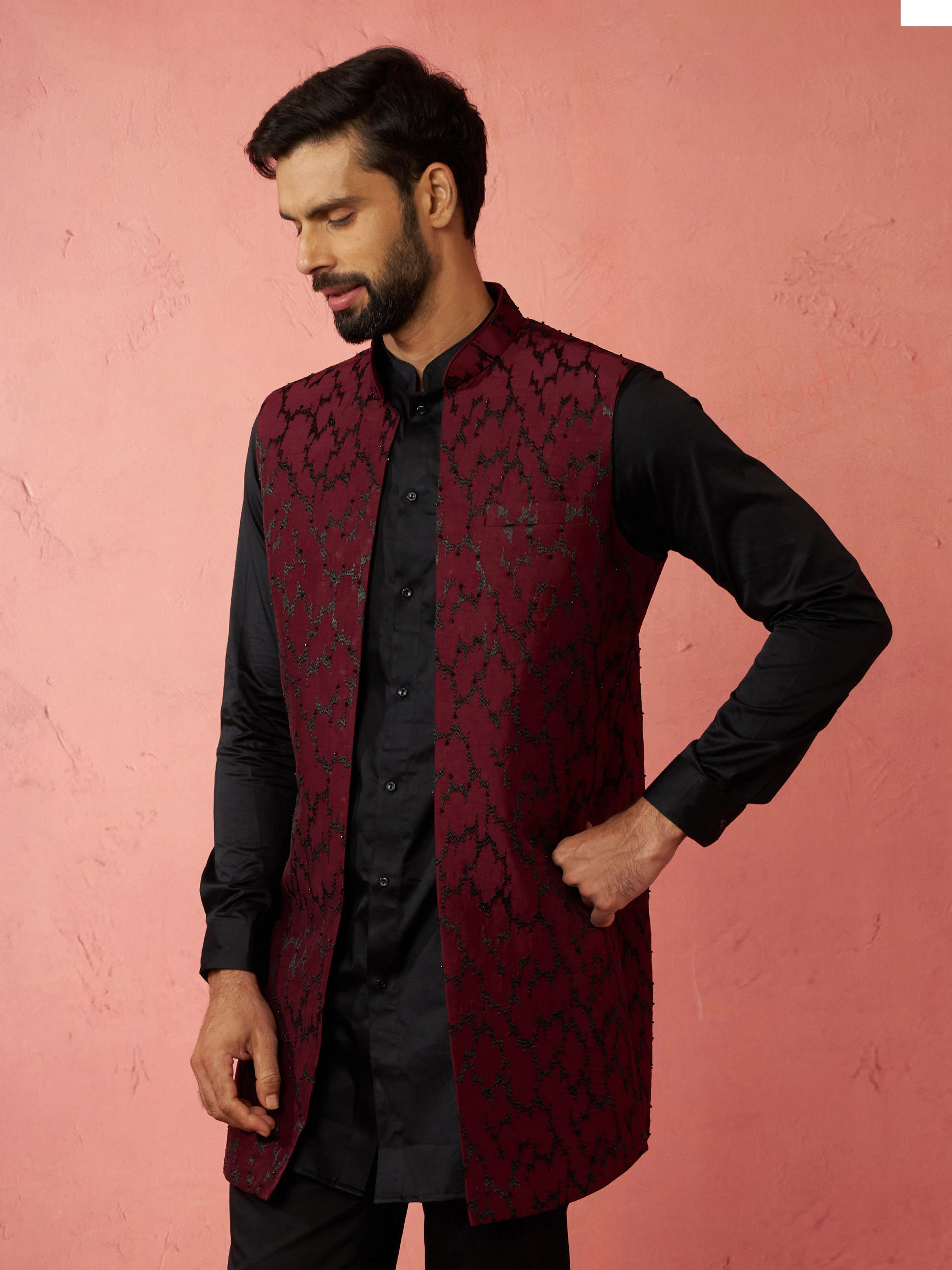 Men's Wine Silky Abstract Embroidered Nehru Jacket