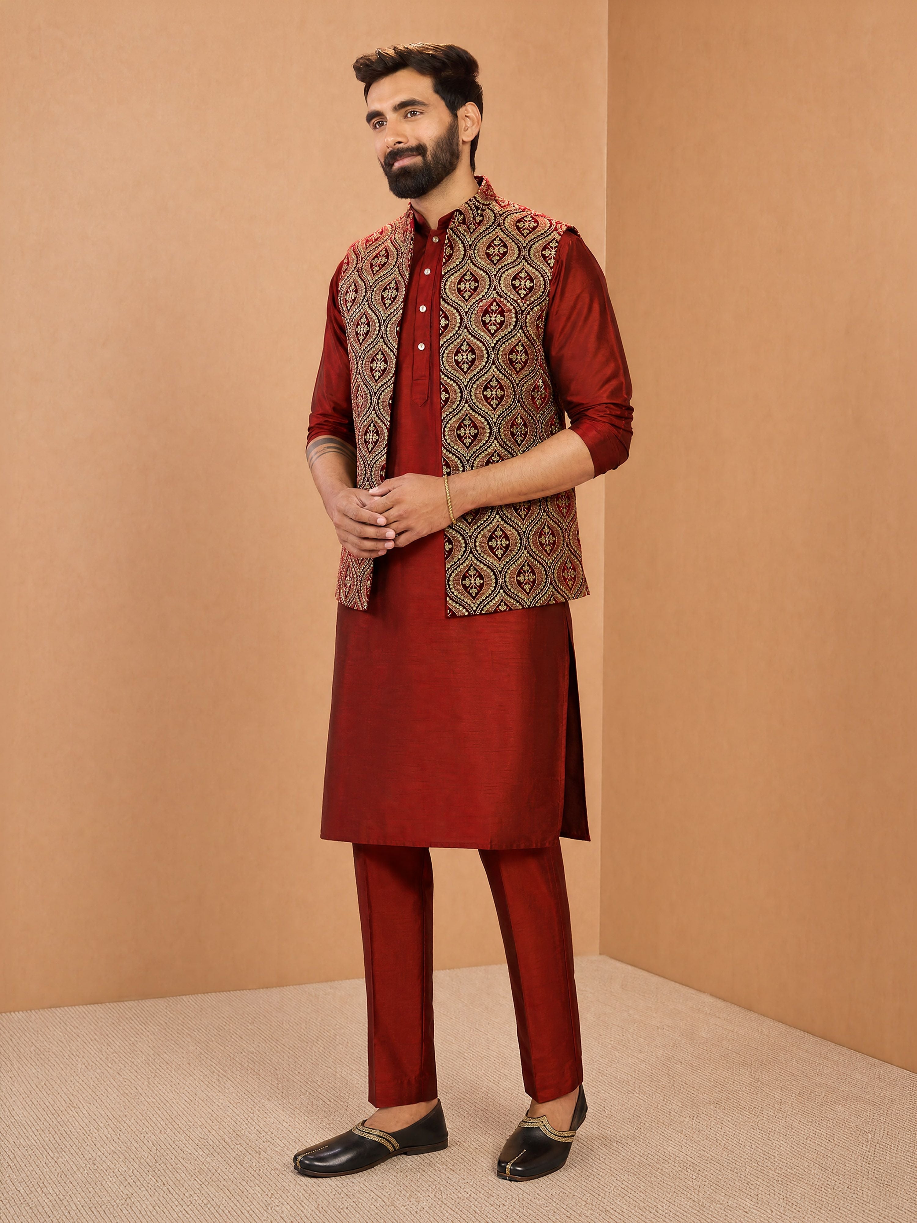 Men's Maroon Viscose Embroidered Knee Length Nehru Jacket and Kurta with Pant