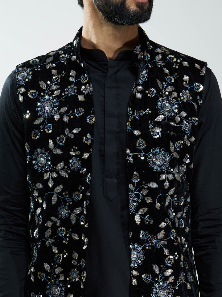 Men Black Velvet Embroidered Nehru Jacket