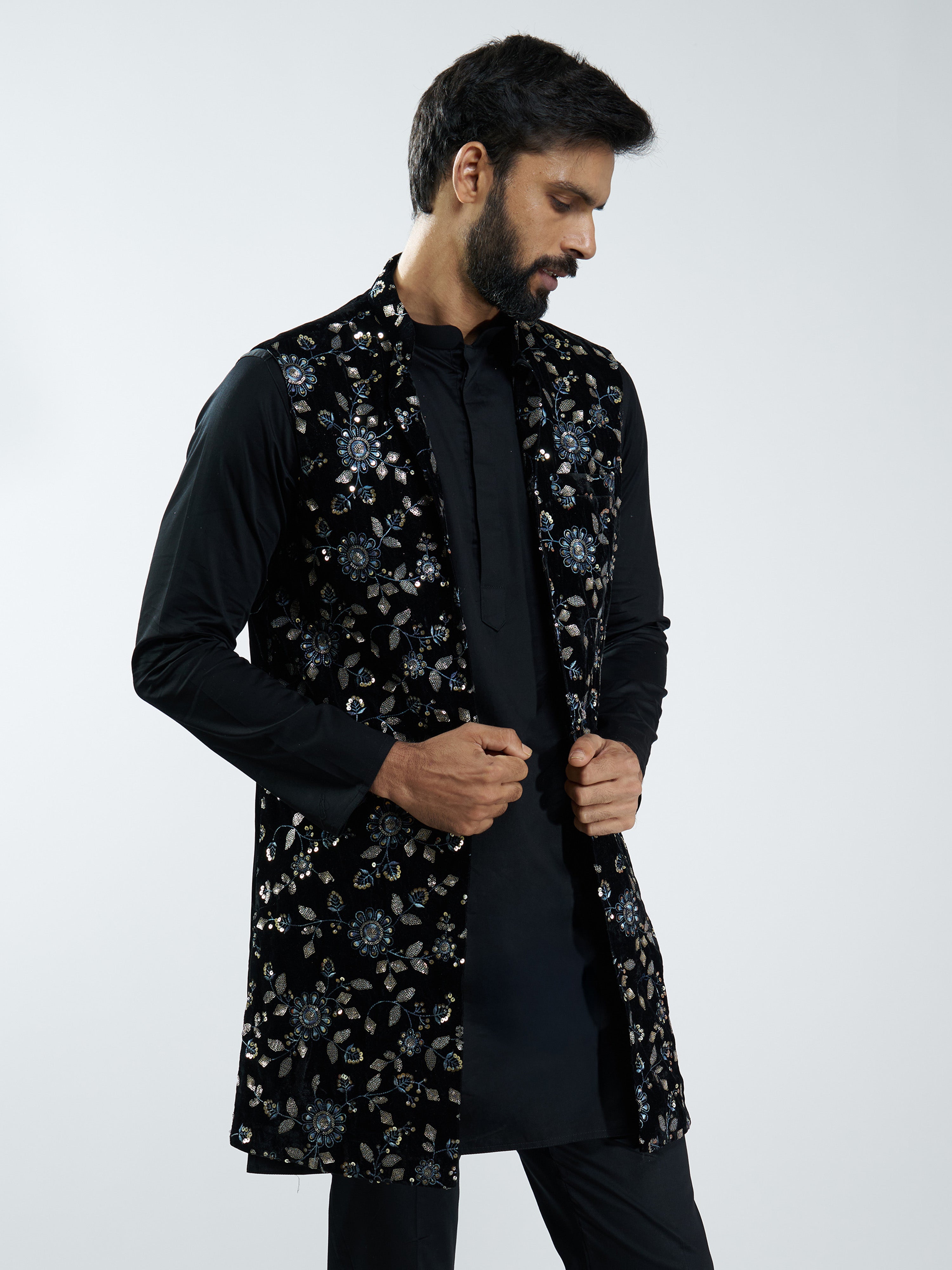 Men Black Velvet Embroidered Nehru Jacket