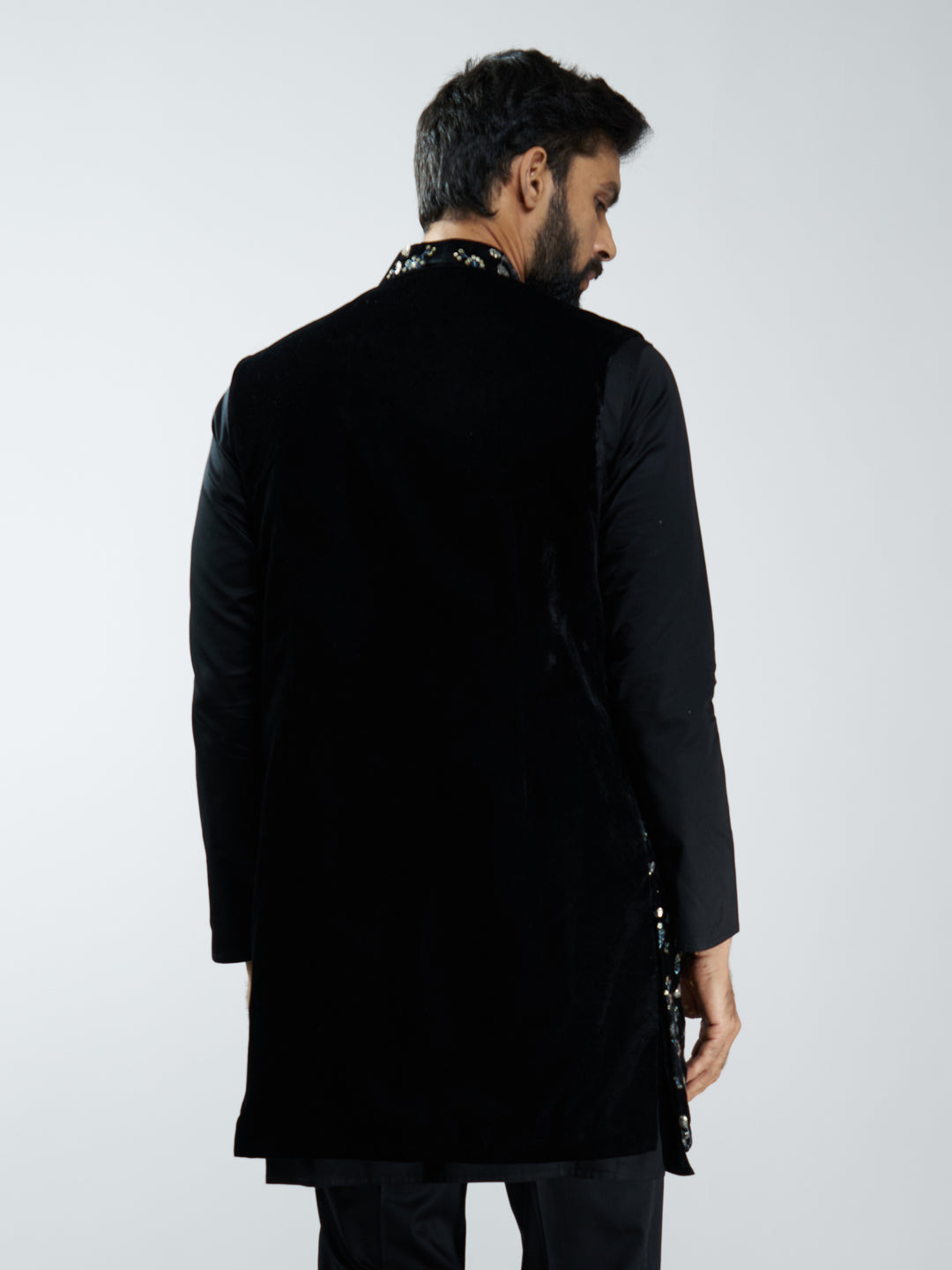Men Black Velvet Embroidered Nehru Jacket