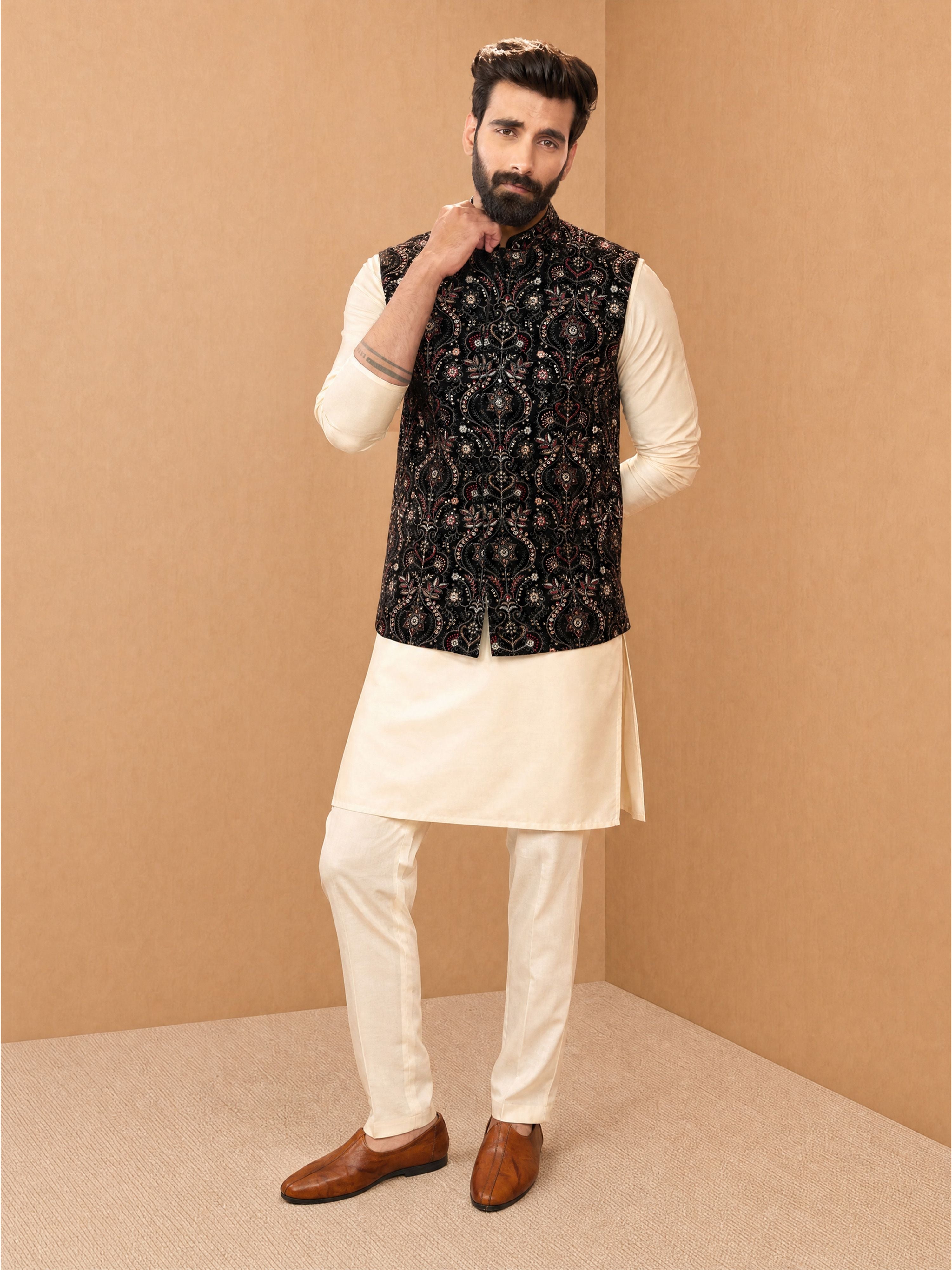 Men Cream Viscose Nehru Jacket and Kurta with Pant Festive Ethnic Wear