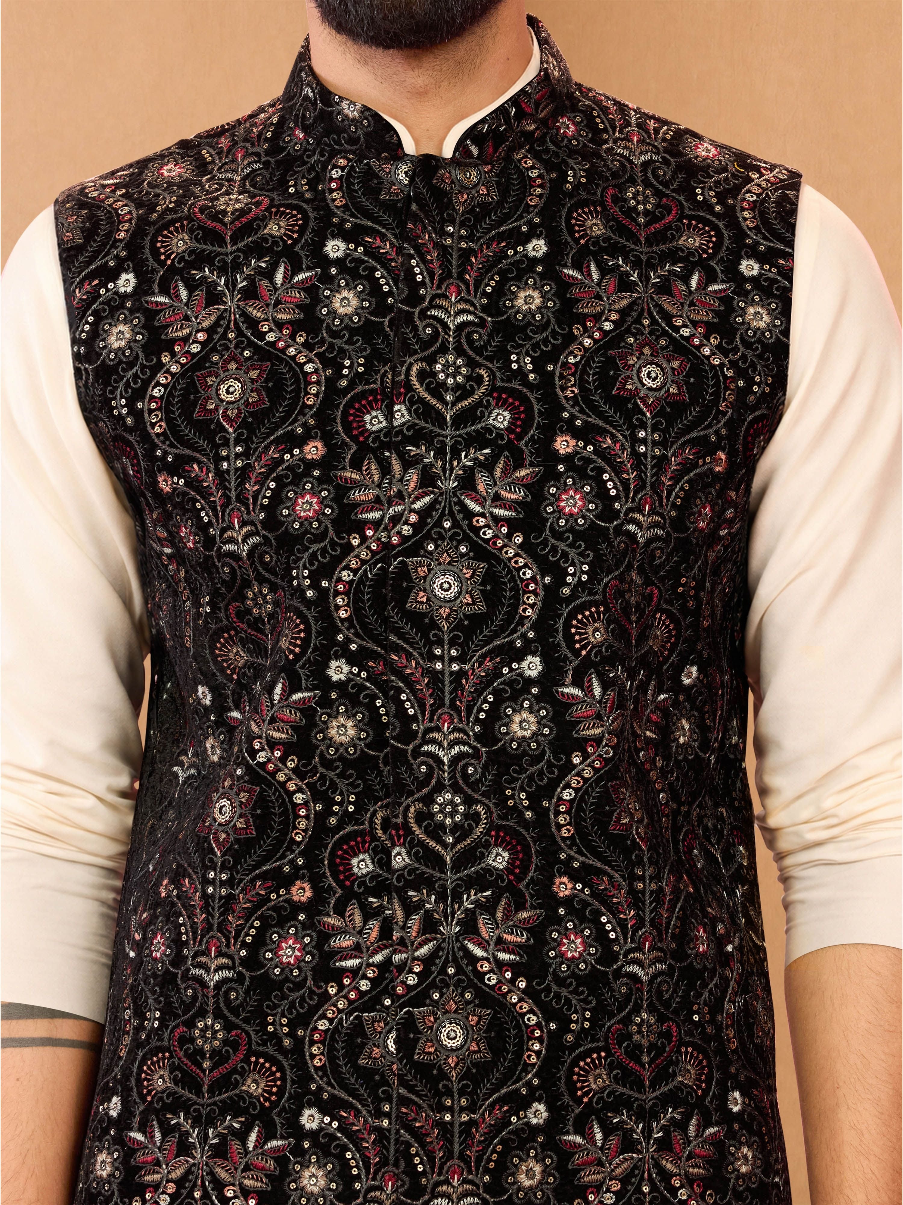 Men's Cream Viscose Embroidered Knee Length Nehru Jacket and Kurta with Pant