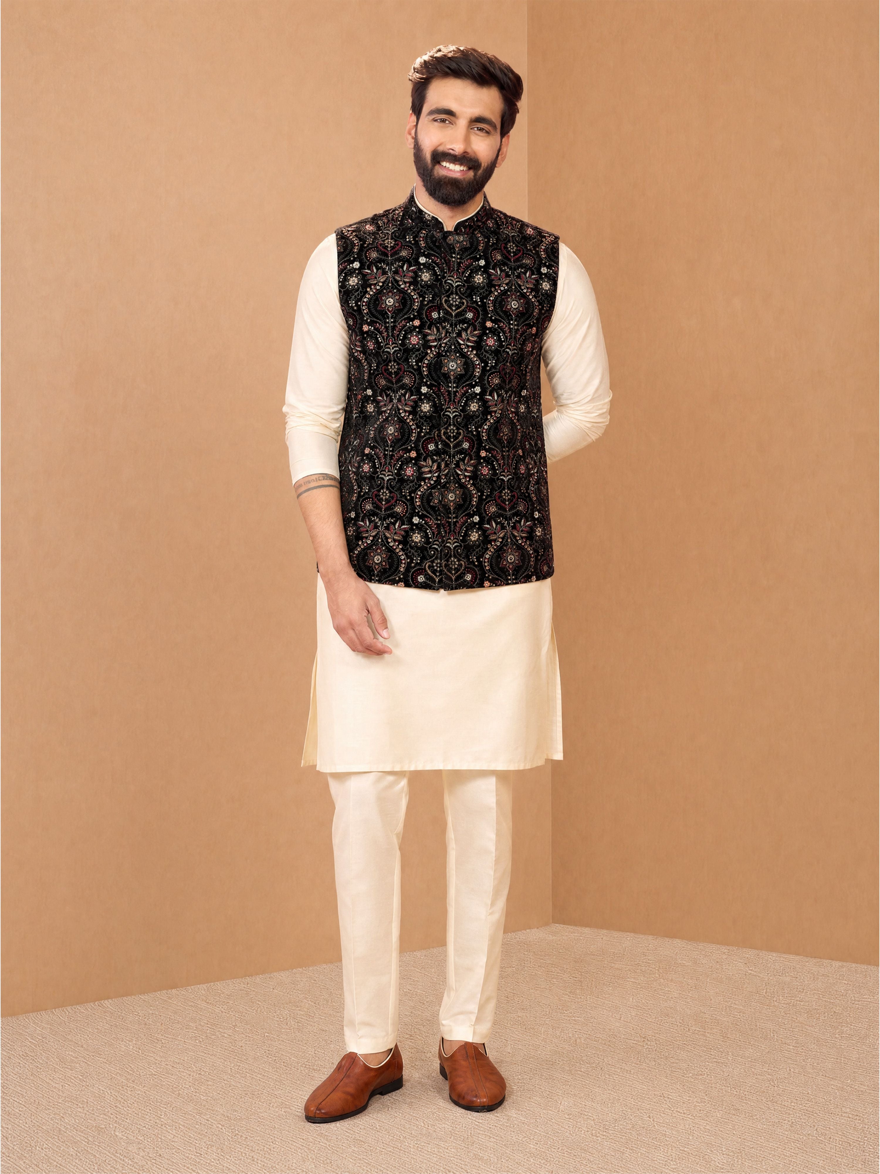 Men's Cream Viscose Embroidered Knee Length Nehru Jacket and Kurta with Pant