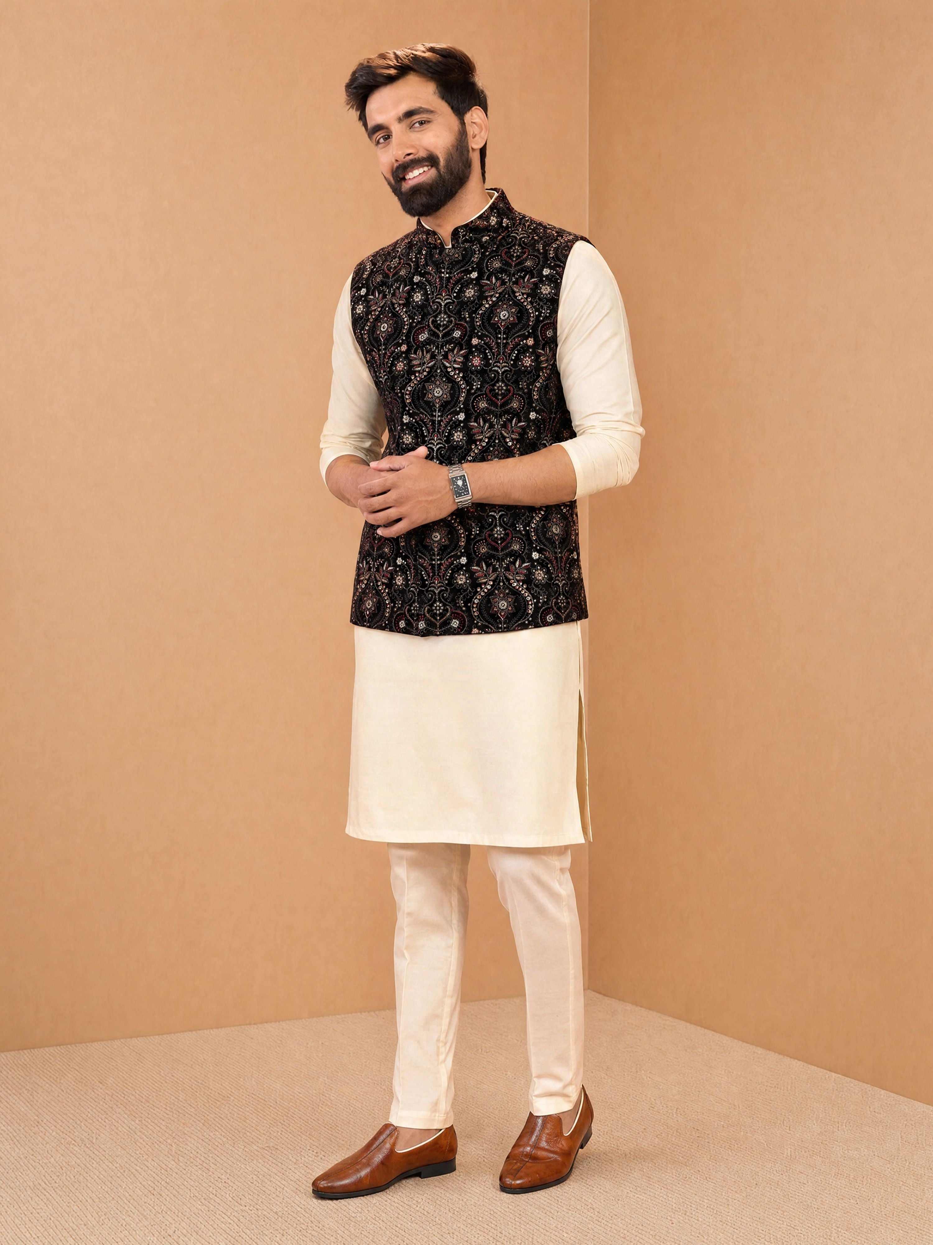 Men's Cream Viscose Embroidered Knee Length Nehru Jacket and Kurta with Pant