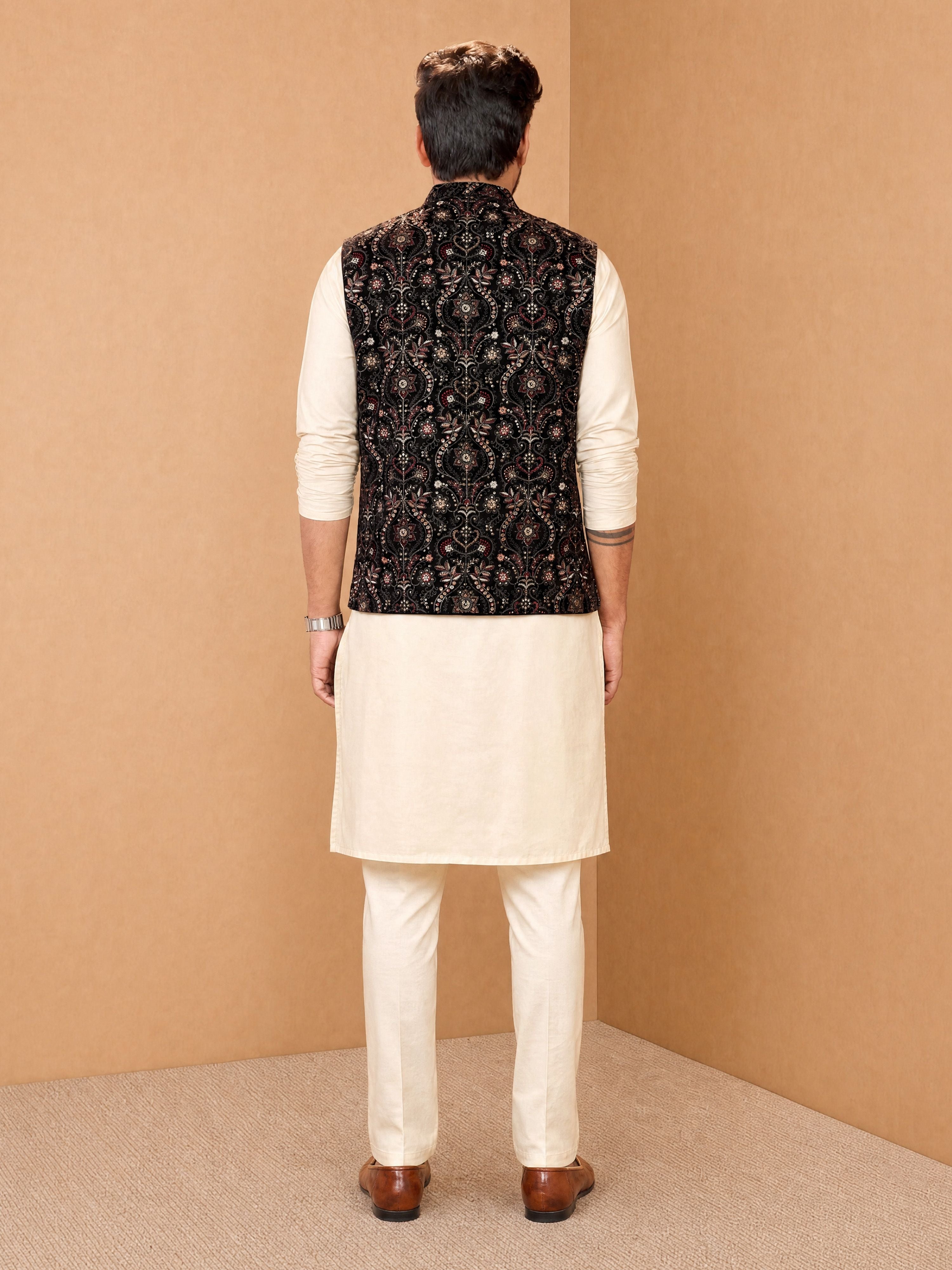 Men's Cream Viscose Embroidered Knee Length Nehru Jacket and Kurta with Pant