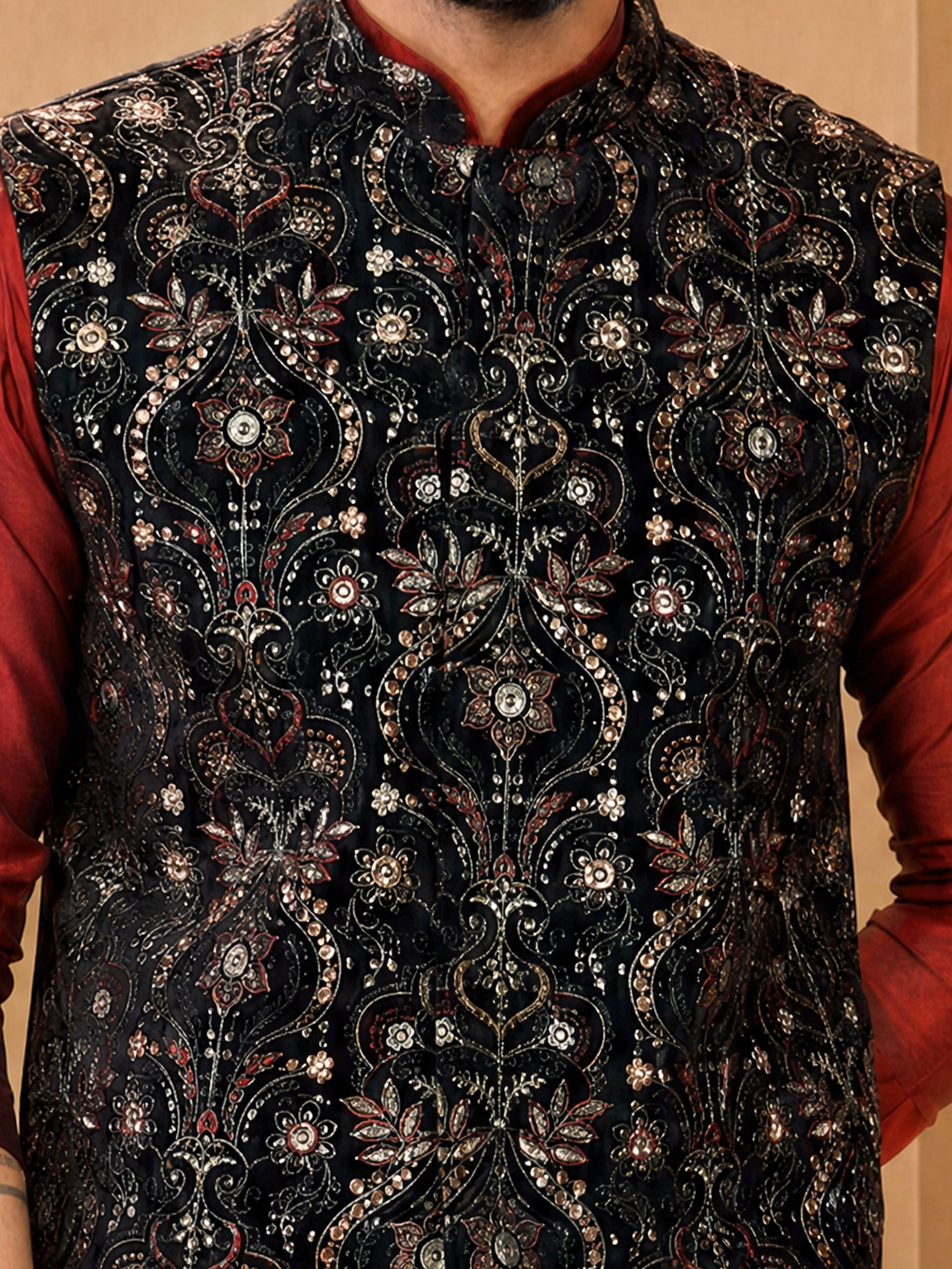 Men's Maroon Viscose Embroidered Knee Length Nehru Jacket and Kurta with Pant