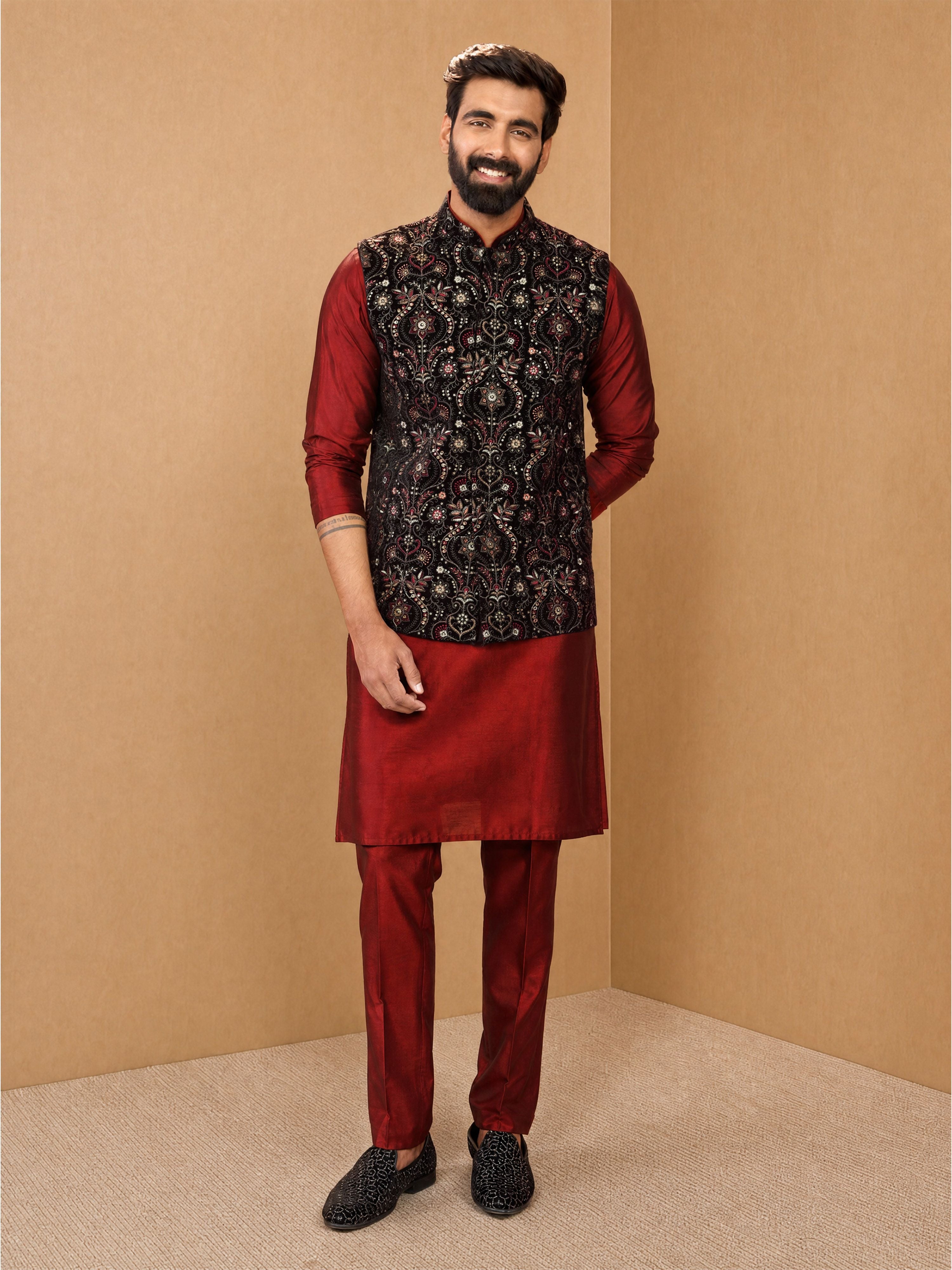 Men's Maroon Viscose Embroidered Knee Length Nehru Jacket and Kurta with Pant