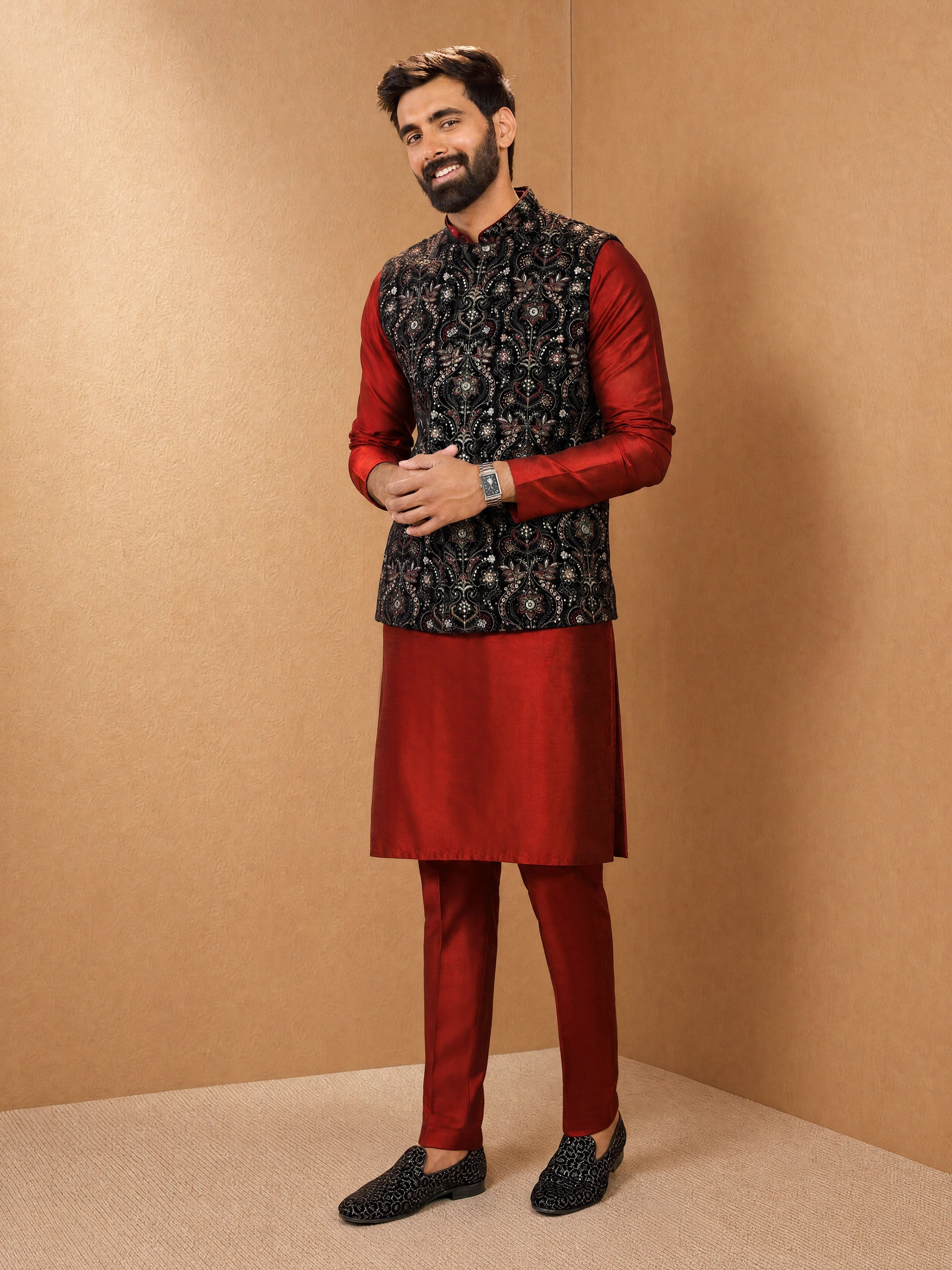 Men's Maroon Viscose Embroidered Knee Length Nehru Jacket and Kurta with Pant