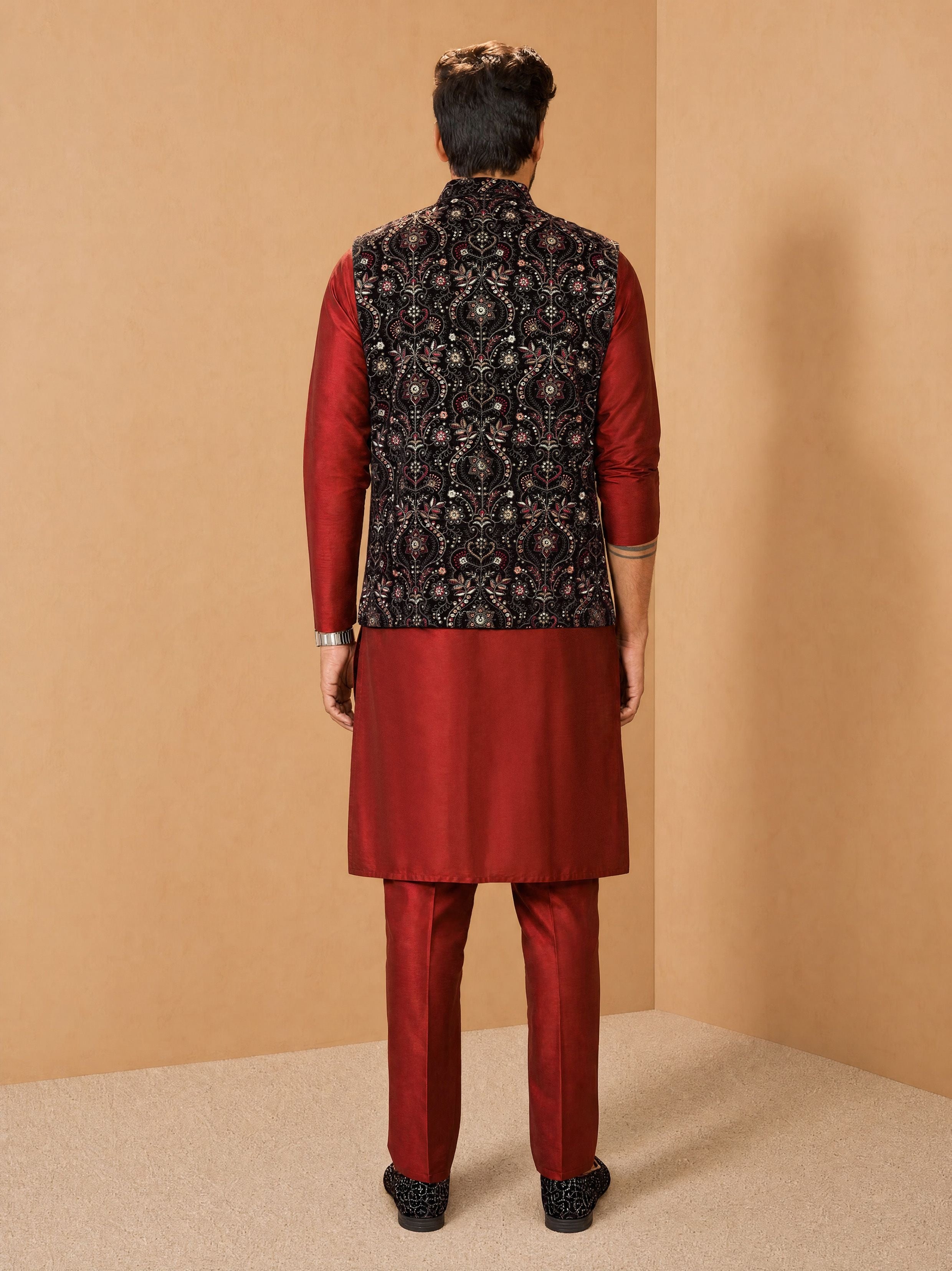 Men's Maroon Viscose Embroidered Knee Length Nehru Jacket and Kurta with Pant