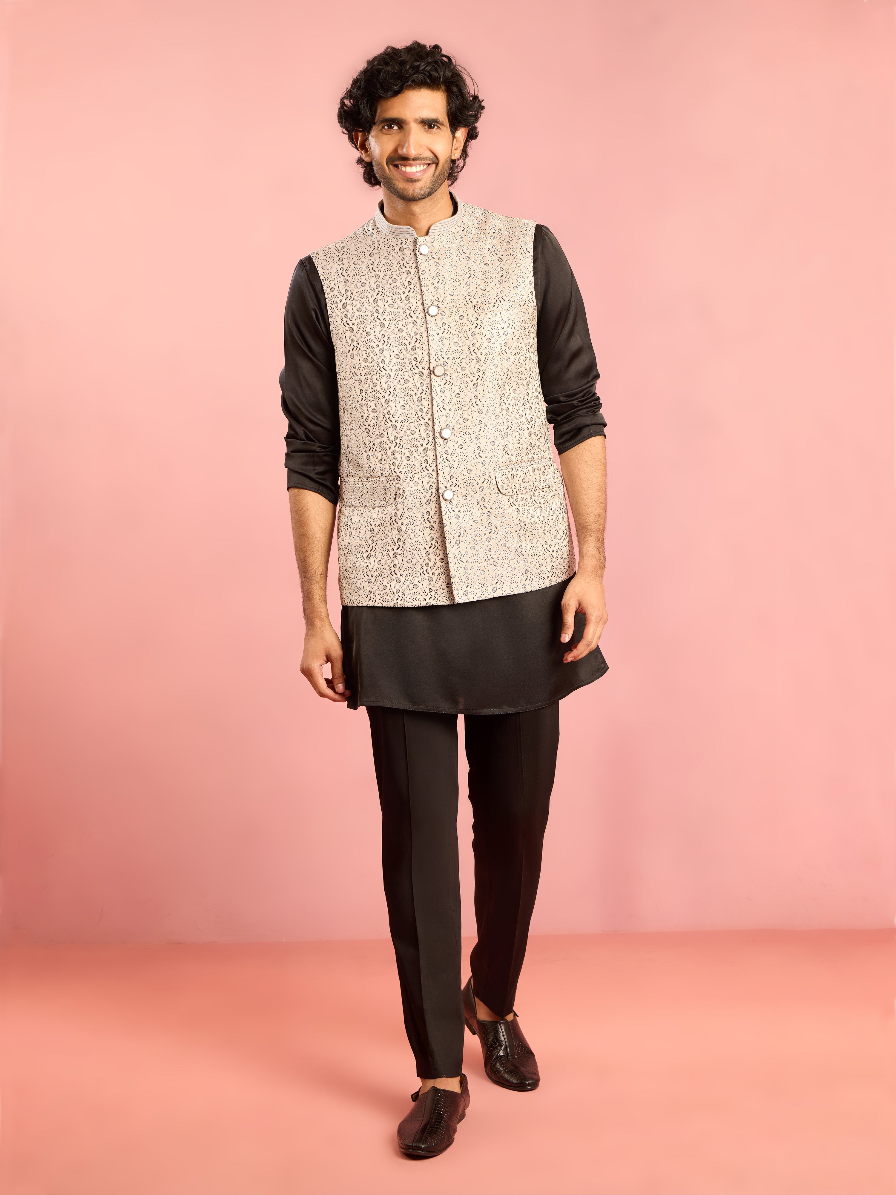 Men's Silver Geometric Jacquard Nehru Jacket with Black Kurta Pyjama Set