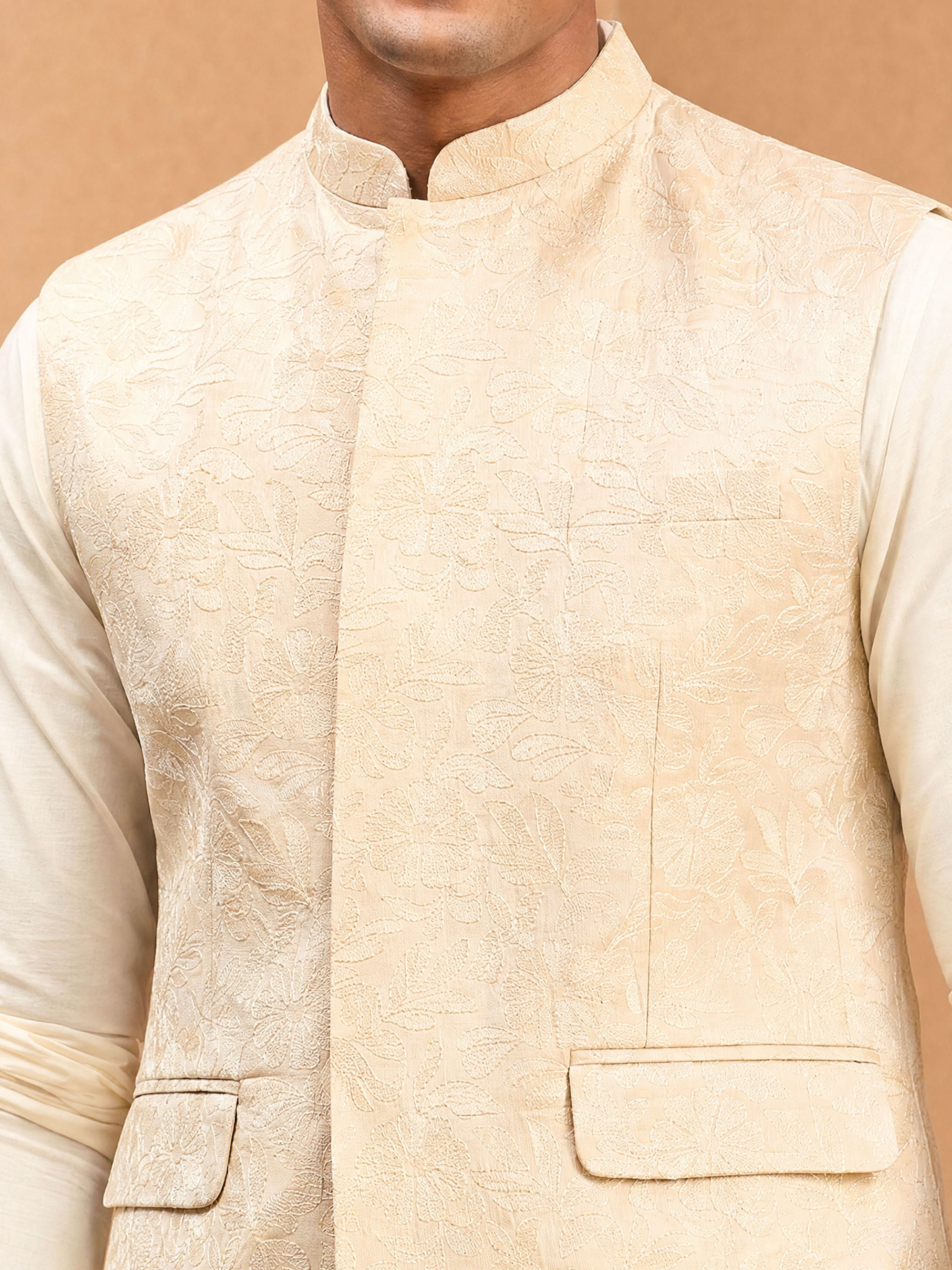 Men's Cream Silk-Blend Embroidered Waist Length Nehru Jacket and Kurta with Pyjama