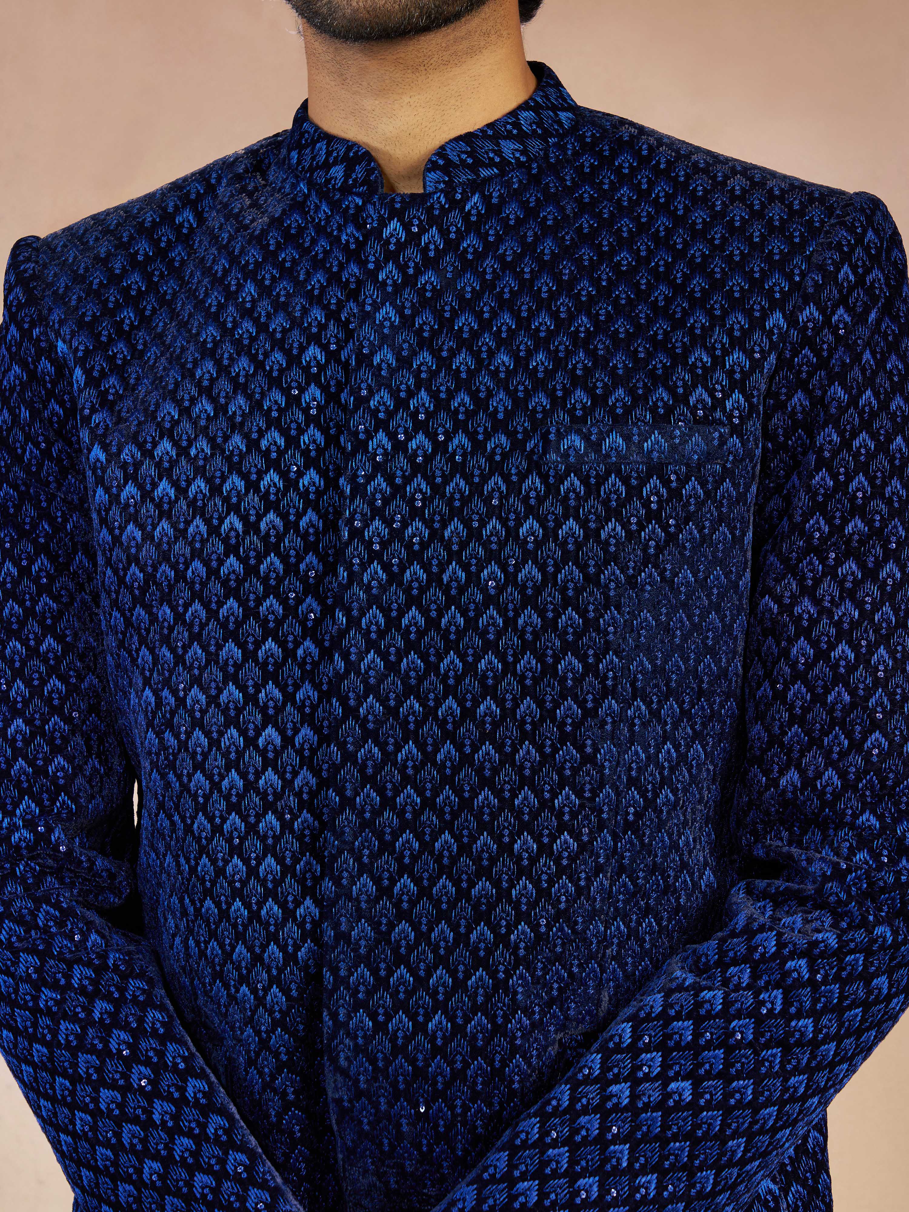 Men's Blue Velvet Thread Embroidered Ethnic Motif Jodhpuri