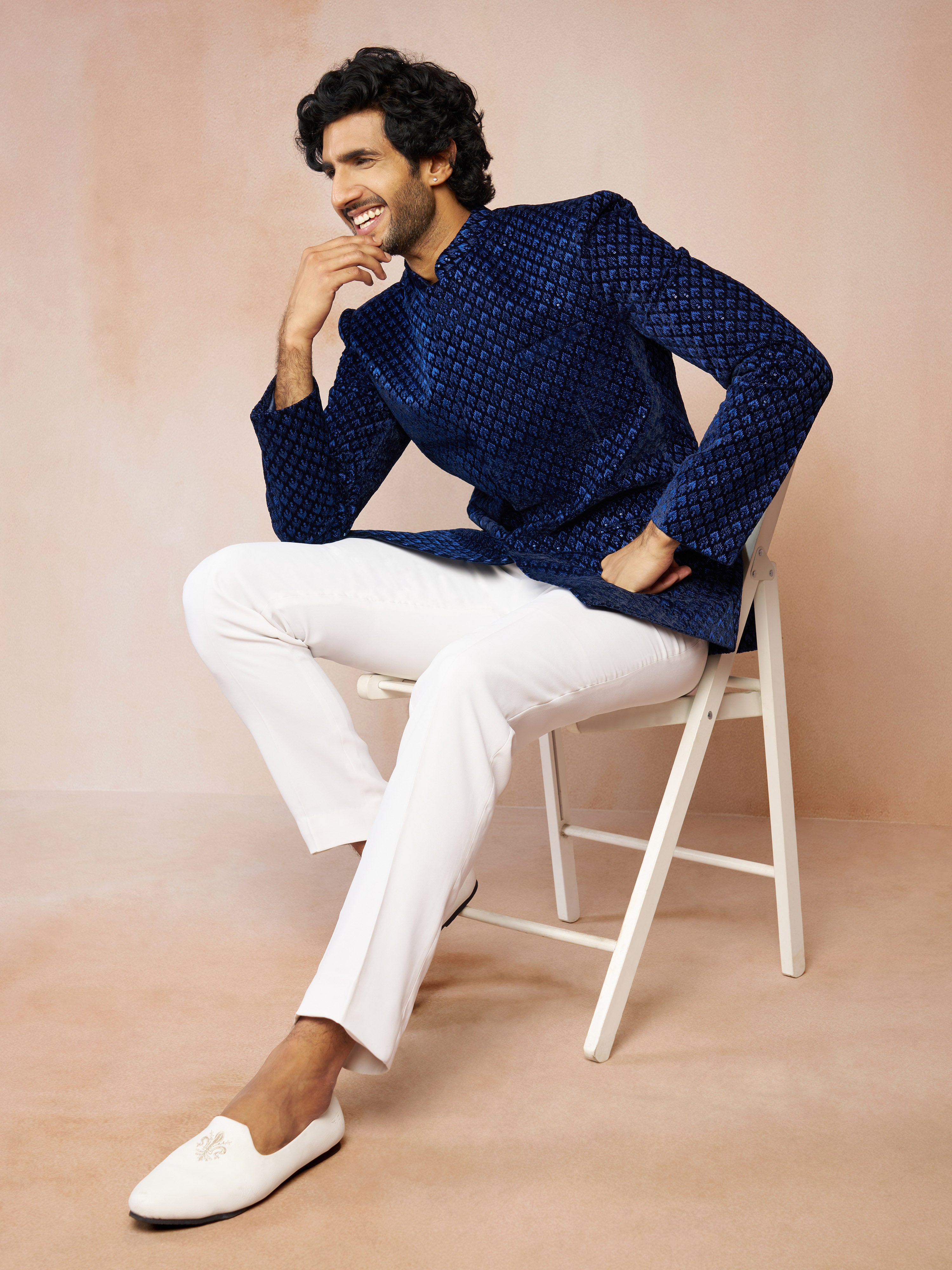 Men's Blue Velvet Thread Embroidered Ethnic Motif Jodhpuri