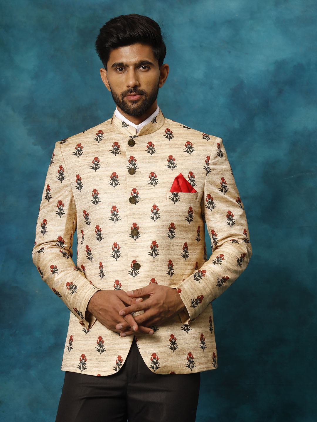 Men's Beige Printed Silk Jodhpuri