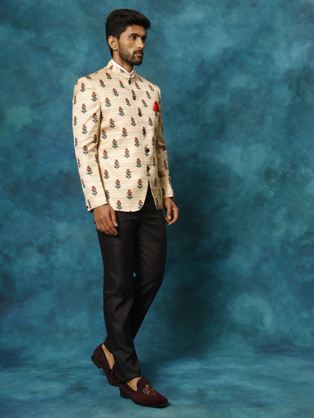 Men's Beige Printed Silk Jodhpuri