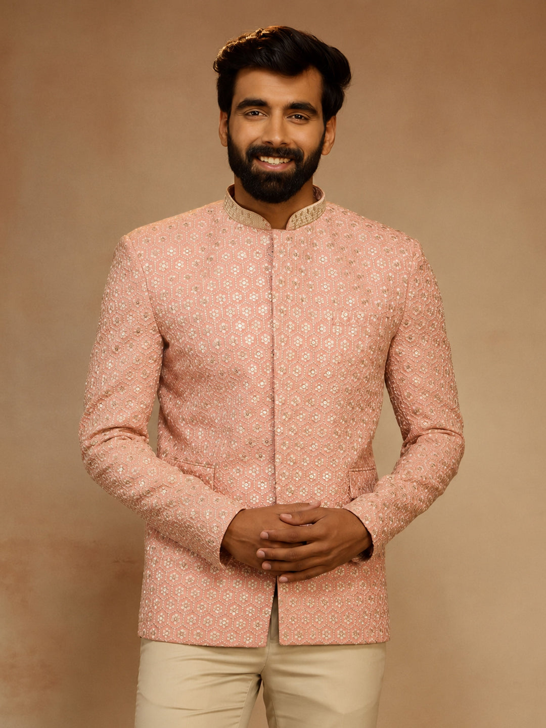 Men Peach Rayon Bandhgala Jodhpuri Festive, Diwali Ethnic Wear
