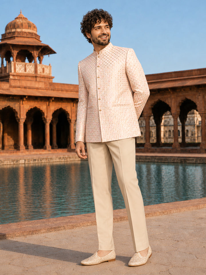Men Pink &amp; Cream Self Design Thread Work Waist Length Straight Pant Sherwani Set