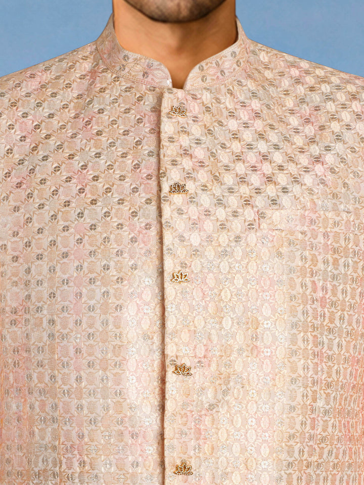 Men Pink &amp; Cream Self Design Thread Work Waist Length Straight Pant Sherwani Set