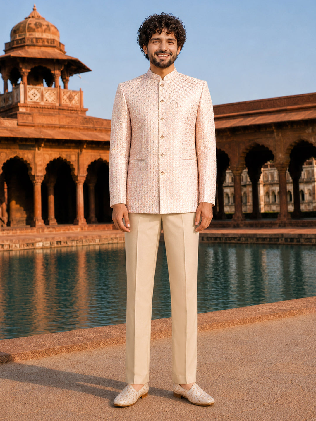 Men Pink &amp; Cream Self Design Thread Work Waist Length Straight Pant Sherwani Set
