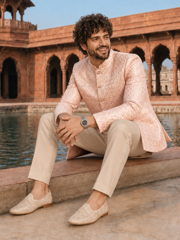 Men Pink &amp; Cream Self Design Thread Work Waist Length Straight Pant Sherwani Set