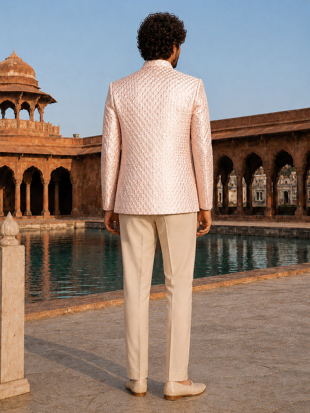 Men Pink &amp; Cream Self Design Thread Work Waist Length Straight Pant Sherwani Set