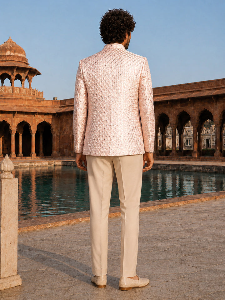 Men Pink &amp; Cream Self Design Thread Work Waist Length Straight Pant Sherwani Set