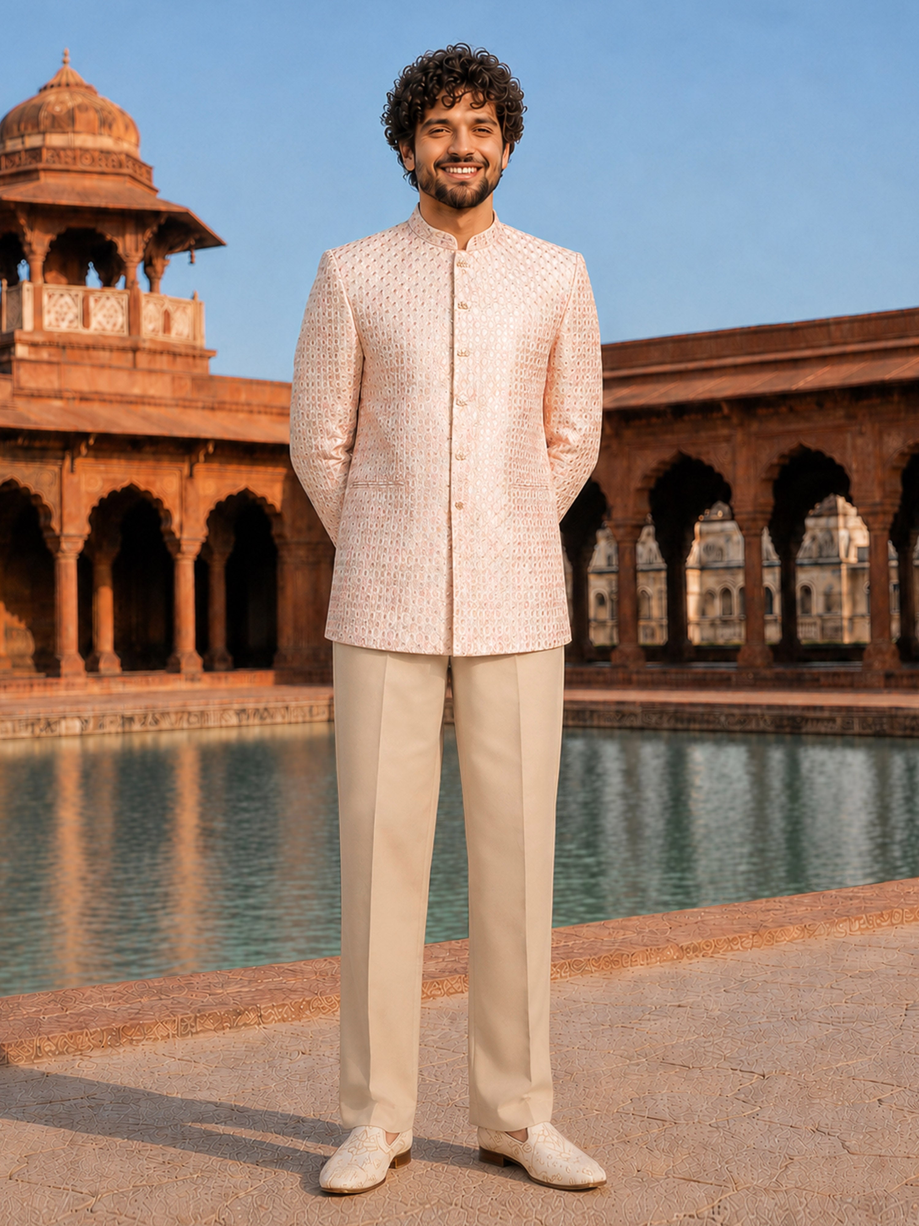 Men Pink & Cream Geometric Thread Work Waist Length Wide Leg PantSherwani Set
