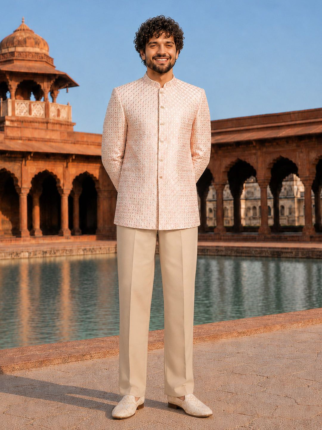 Men Pink &amp; Cream Geometric Thread Work Waist Length Wide Leg Pant Sherwani Set