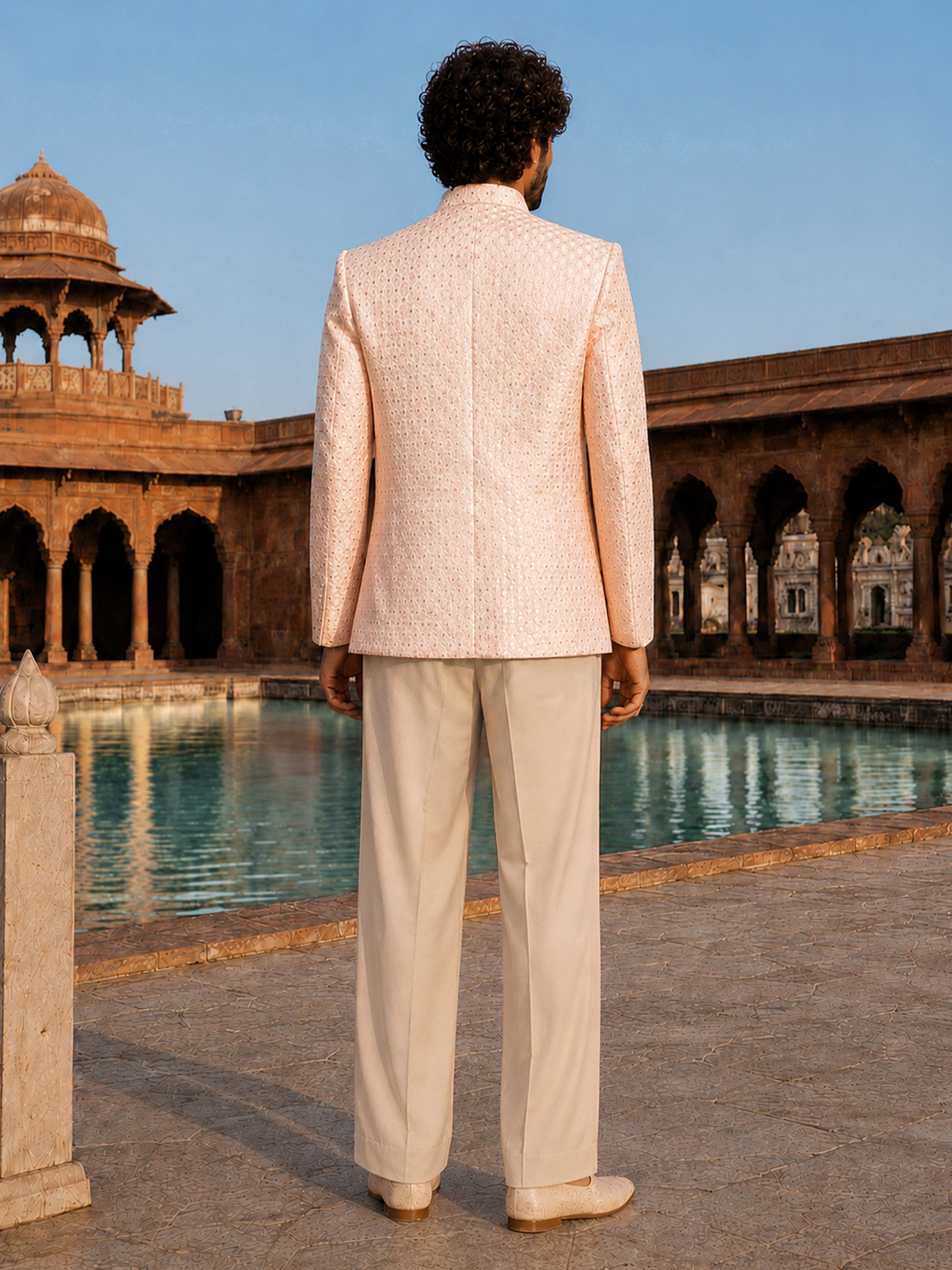 Men Pink & Cream Geometric Thread Work Waist Length Wide Leg PantSherwani Set