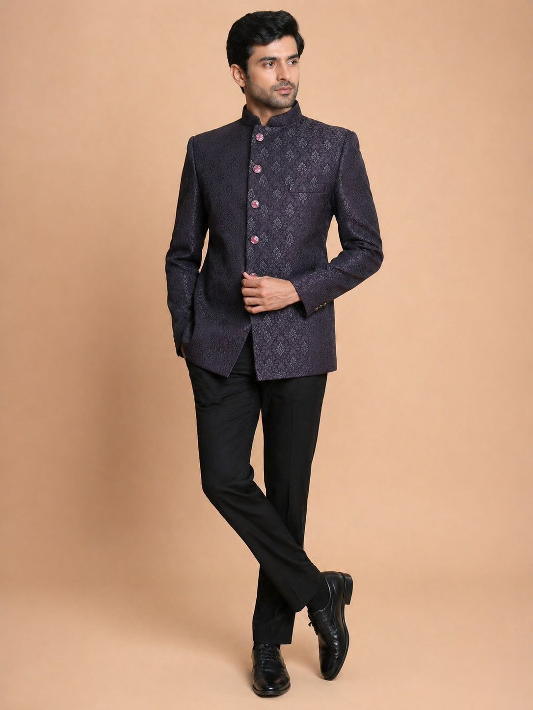 Men Wine Jacquard Woven Jodhpuri Suit