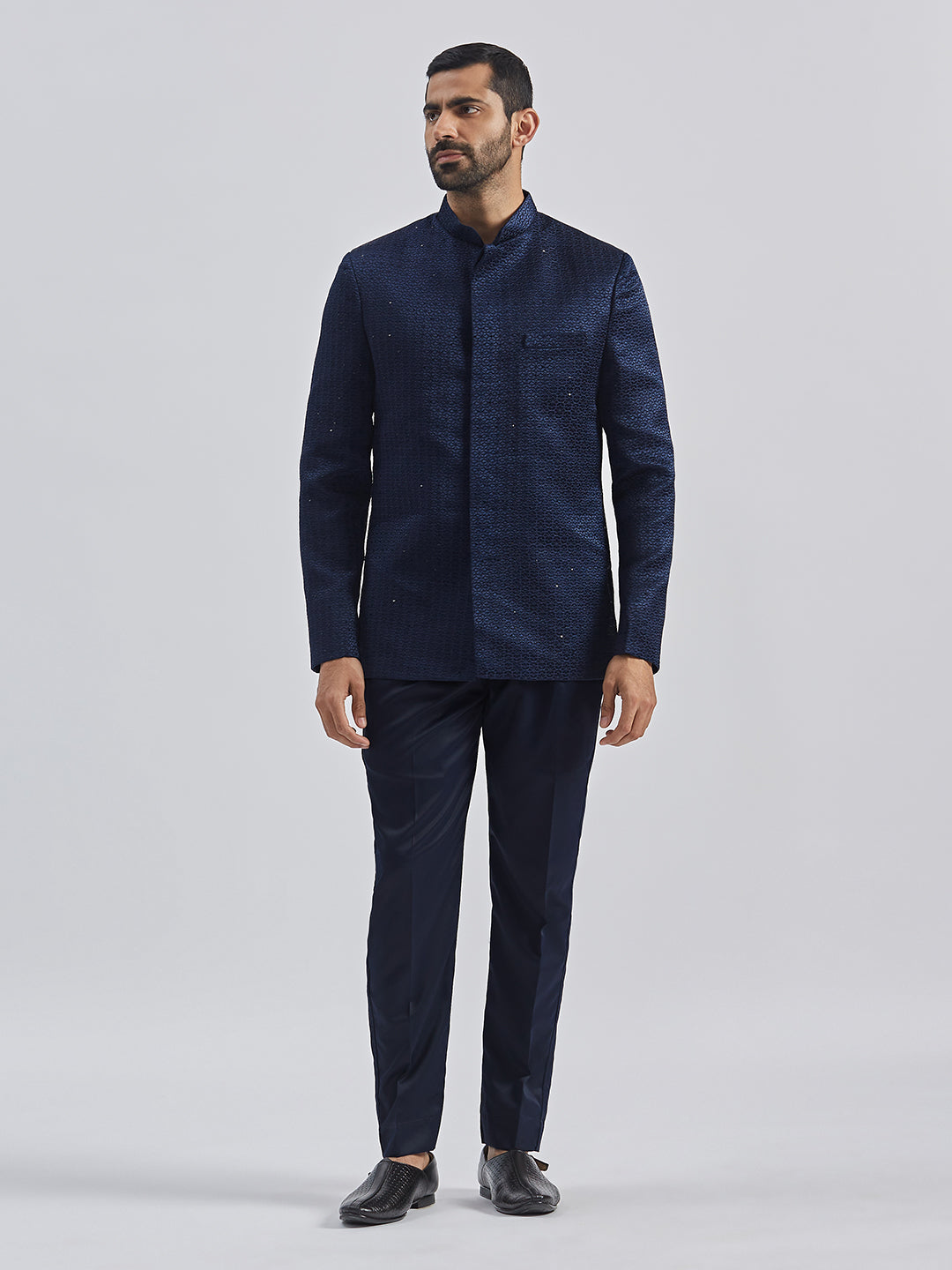 Men's Navy Blue Silk Blend Jodhpuri Pyjama Set